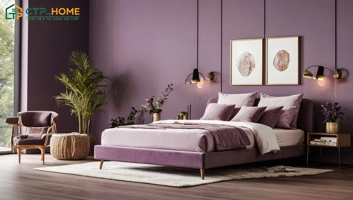 Mẫu thiết kế phòng màu tím hiện đại với nội thất tối giản nhưng vẫn đáp ứng tốt công năng sử dụng