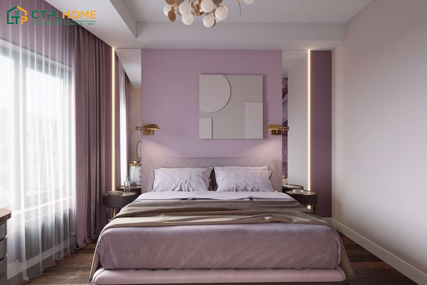 Mẫu thiết kế phòng ngủ tone tím đơn giản với nội thất nhỏ gọn giúp không gian trở nên rộng rãi hơn