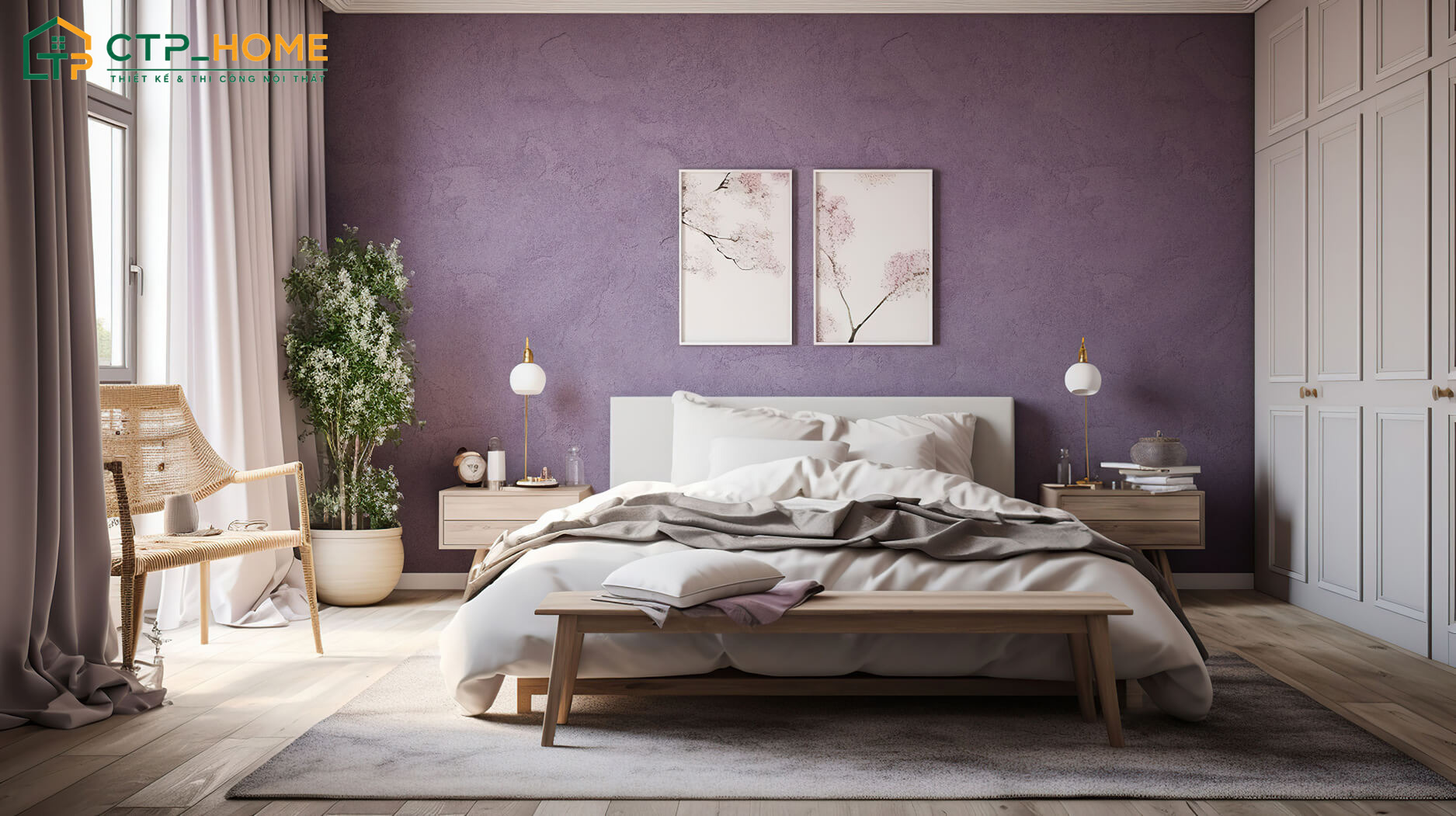 Tone màu tím sẽ được sử dụng vừa phải để tạo điểm nhấn mà vẫn giữ được sự tối giản cho phòng ngủ