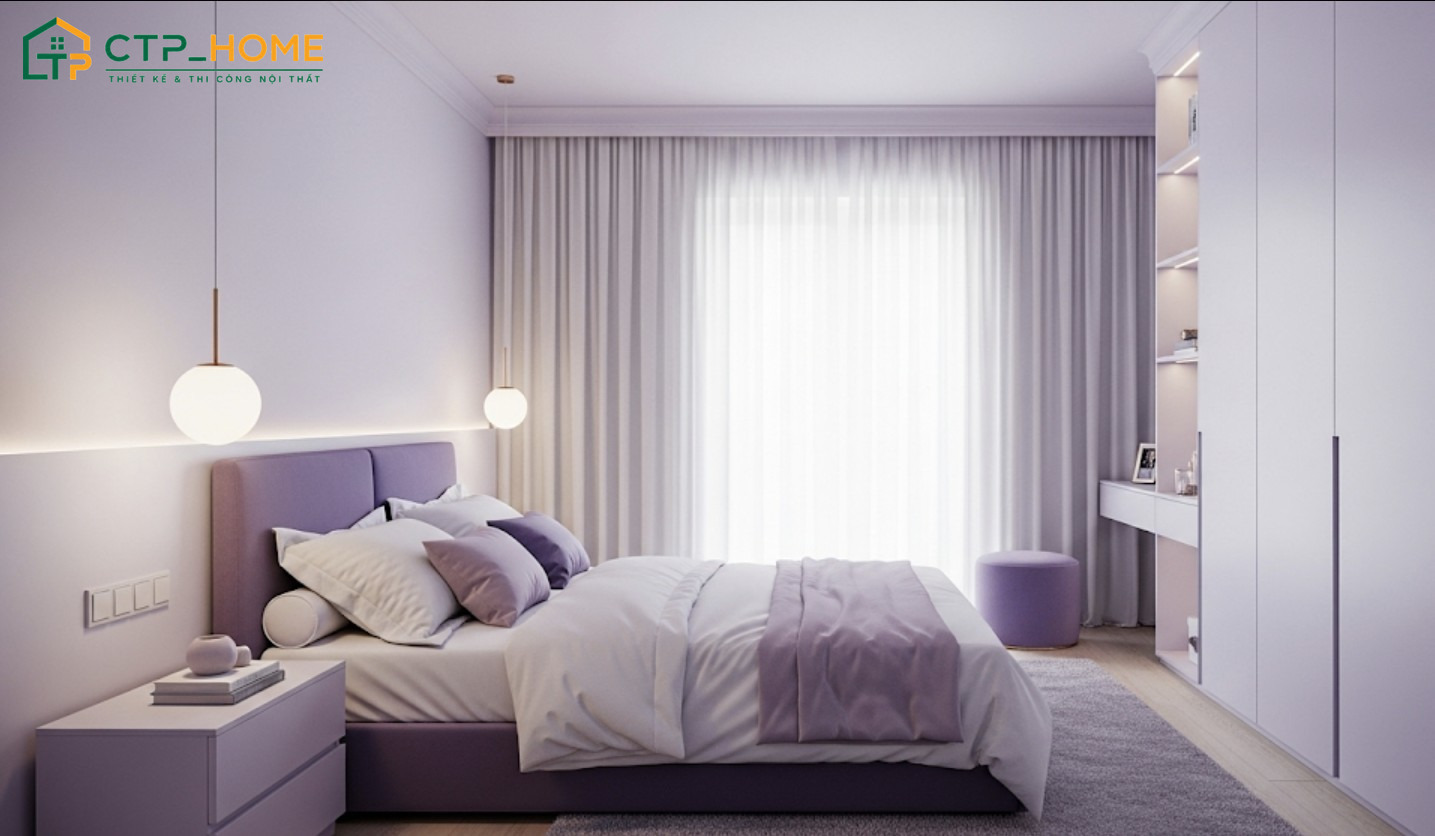 Mẫu phòng ngủ màu tím đơn giản sẽ tận dụng ánh sáng tự nhiên để tạo cảm giác thoáng đãng hơn