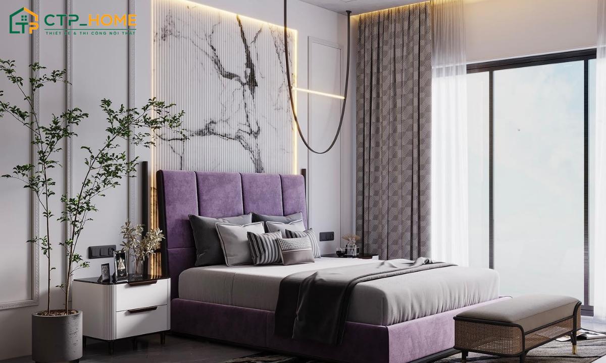 Mẫu decor phòng ngủ màu tím theo phong cách tân cổ điển sẽ tạo nên một không gian nghỉ ngơi ấm áp và dễ chịu