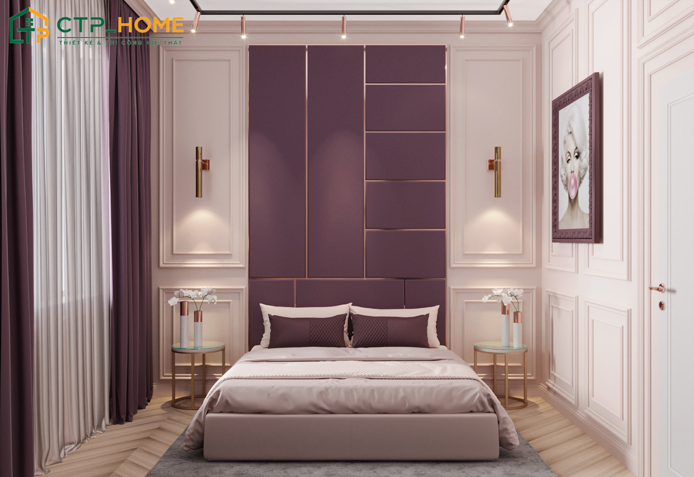 Mẫu phòng ngủ màu tím Pastel kết hợp màu be trắng sẽ tạo cảm giác nhẹ nhàng và thư thái hơn