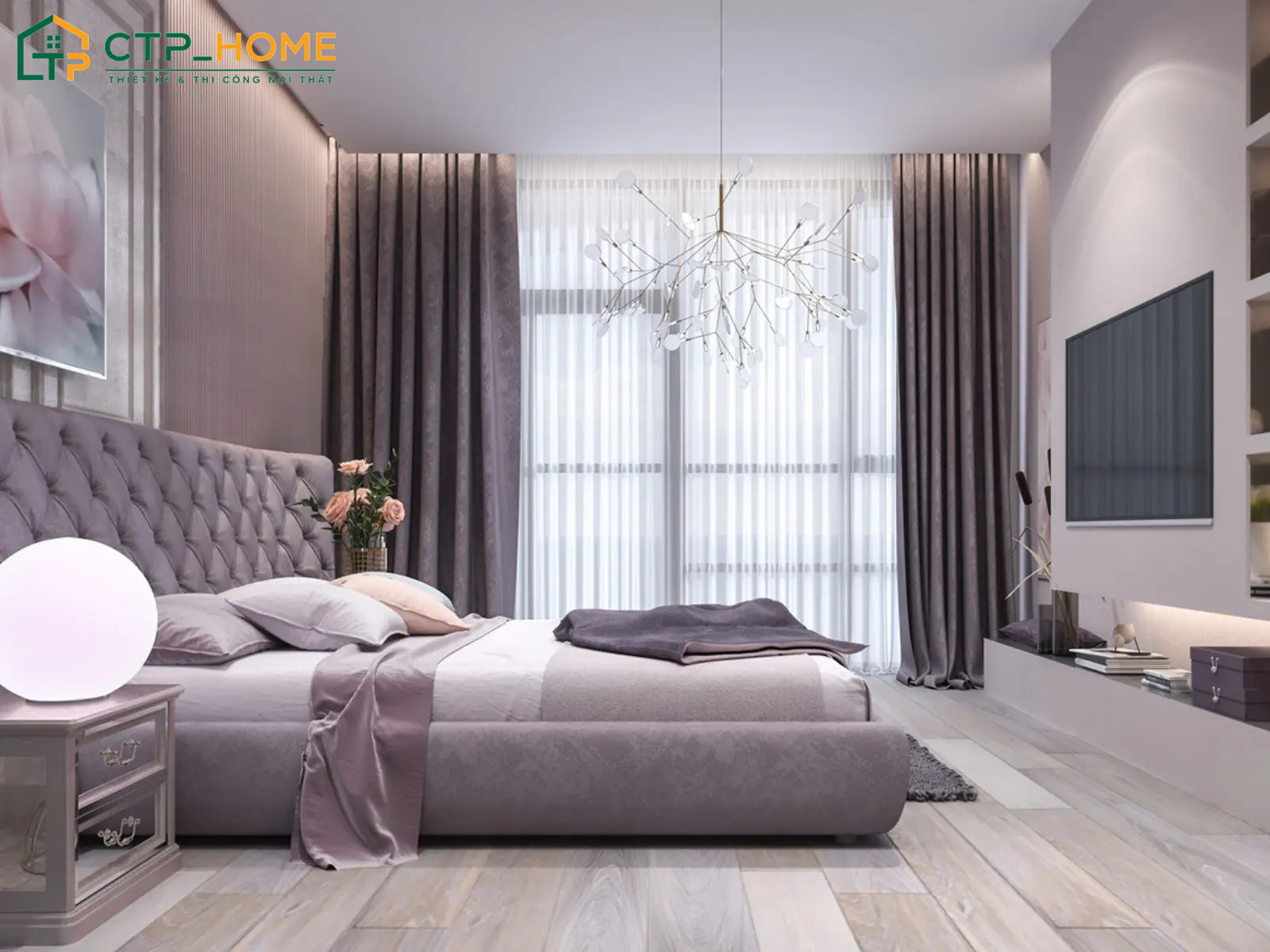 Sự kết hợp giữa nội thất gỗ sáng màu cùng tông màu tím sẽ đem đến không gian nghỉ ngơi yên bình và ấm cúng