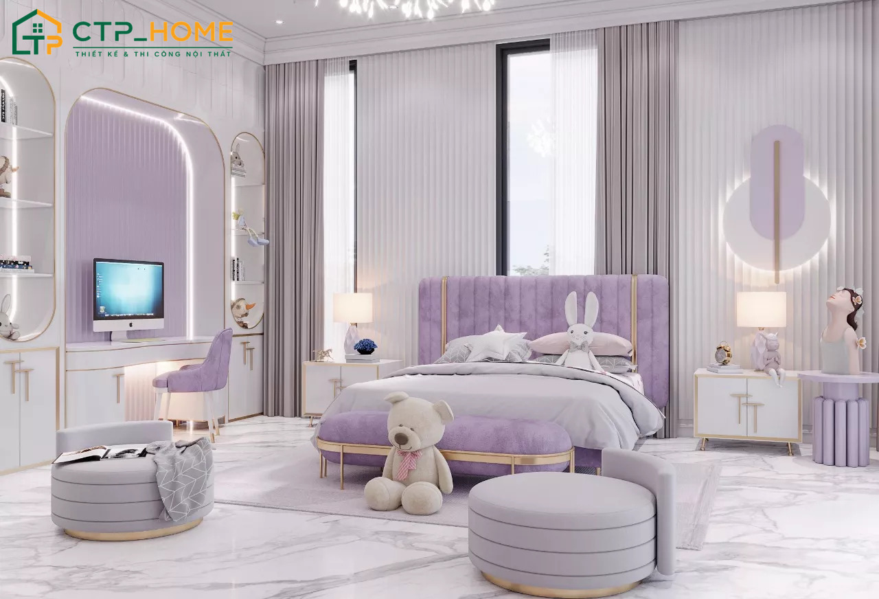 Mẫu decor phòng ngủ màu tím Pastel cho bé gái sẽ tạo nên một không gian mộng mơ và đáng yêu
