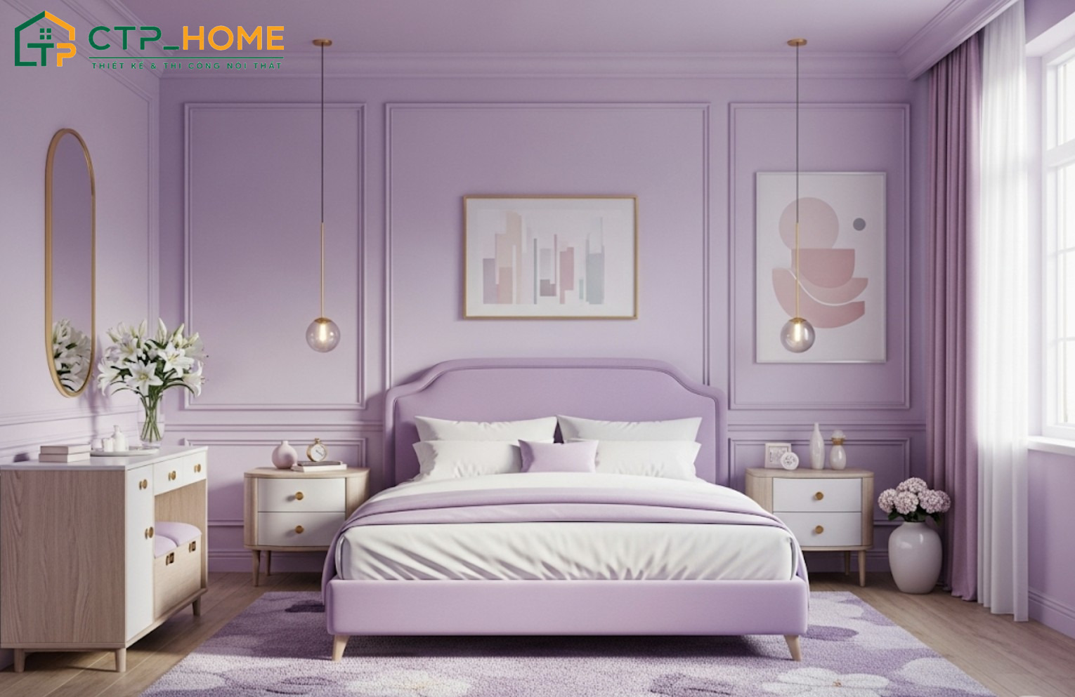 Mẫu decor phòng ngủ màu tím nhạt sẽ phù hợp với những không gian có diện tích hạn chế