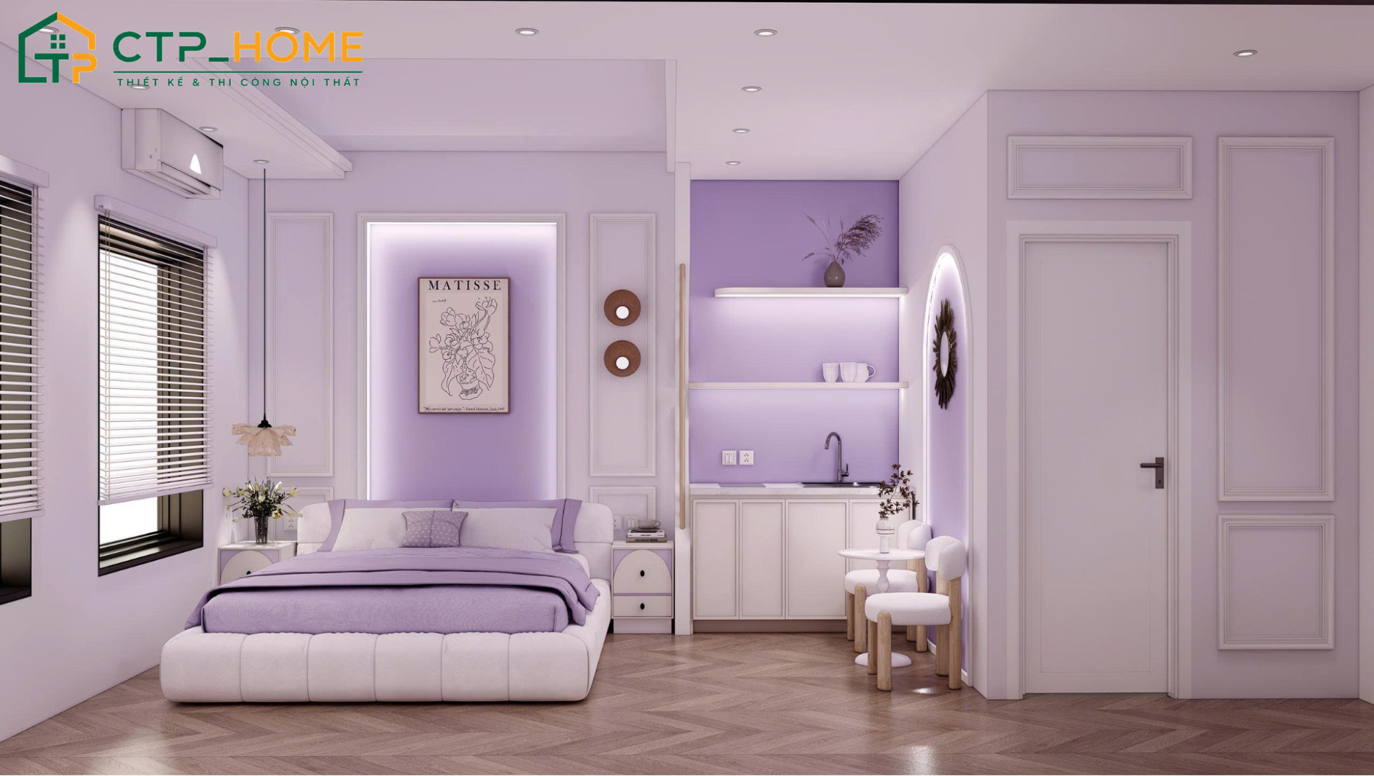 Mẫu dự án thiết kế phòng ngủ màu tím nhạt do CTP Home thực hiện theo phong cách hiện đại