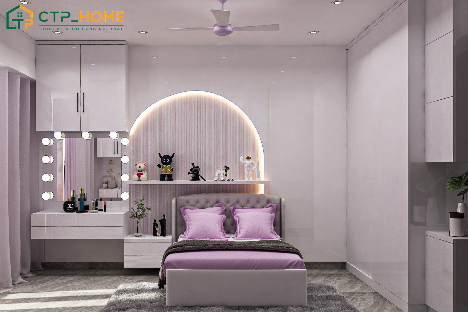 Gam màu tím khi kết hợp cùng nội thất sáng màu sẽ giúp phòng ngủ của bé gái trở nên dịu dàng hơn