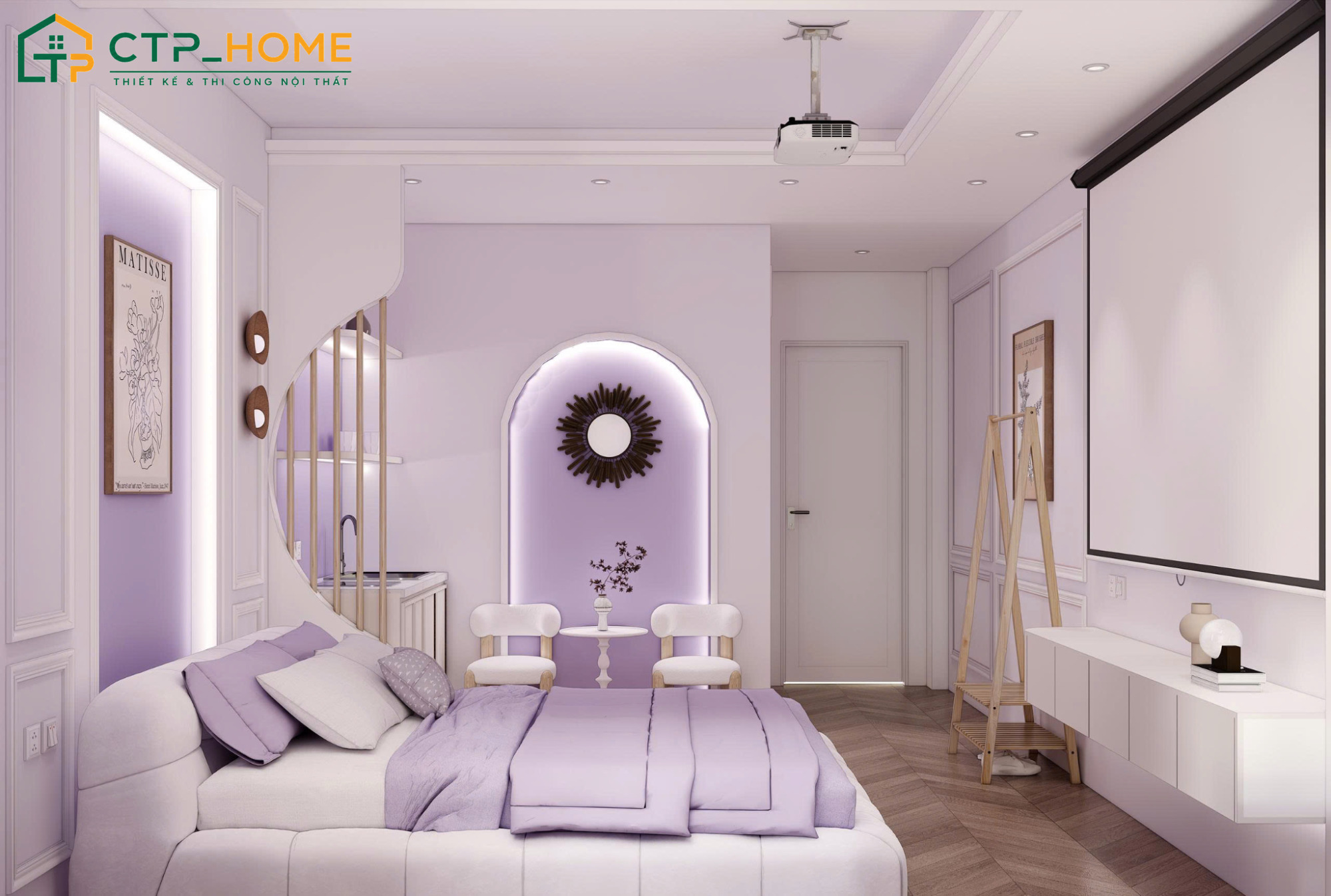 Mẫu phòng ngủ đẹp màu tím nhạt được thiết kế với bố cục cân đối để đảm bảo sự thoải mái khi sử dụng