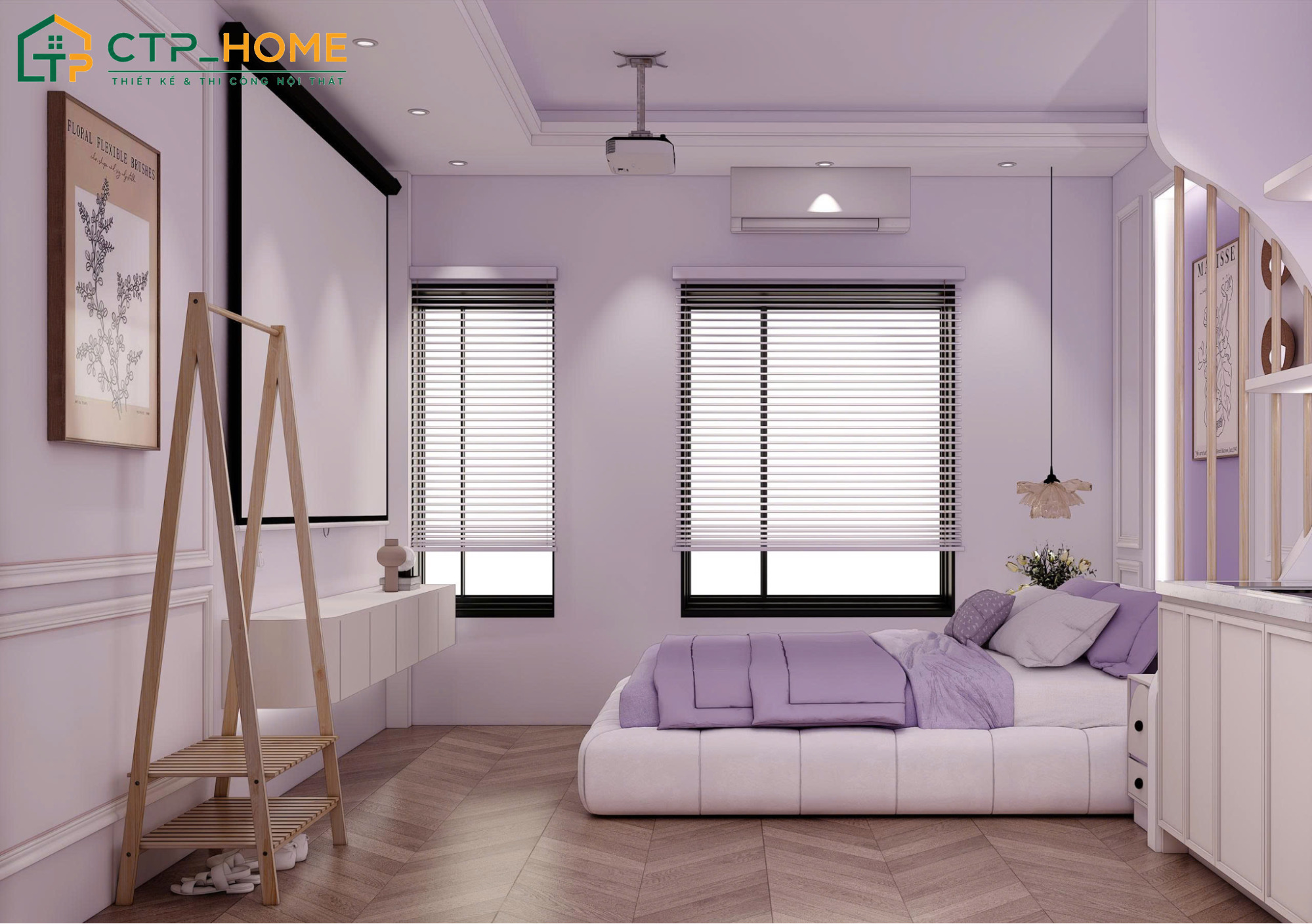 Việc kết hợp màu tím cùng các gam màu trung tính sẽ giúp tạo điểm nhấn nhẹ nhàng cho phòng ngủ