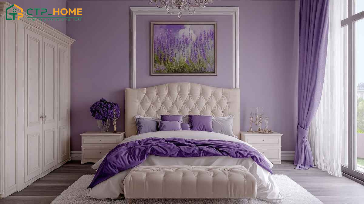 Màu tím kết hợp cùng các gam màu trung tính sẽ giúp đảm bảo sự cân đối cho phòng ngủ