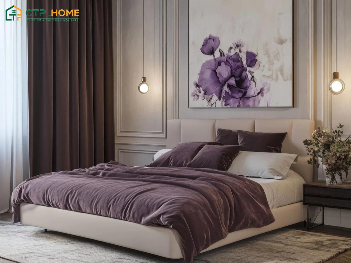 Sử dụng bộ chăn ga màu tím sẽ giúp tạo điểm nhấn nhẹ nhàng và làm nổi bật khu vực giường ngủ