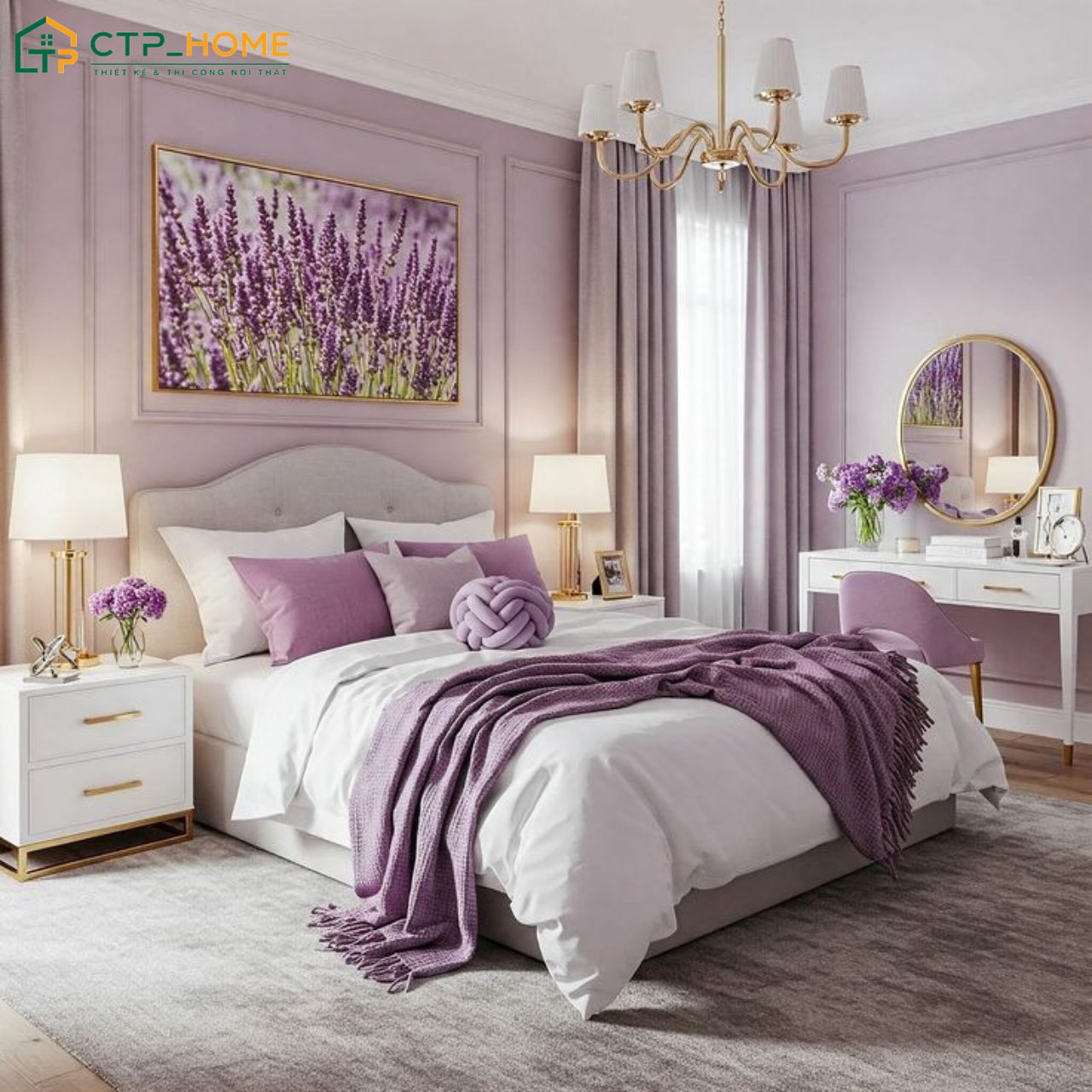 Sử dụng tranh trang trí có điểm nhấn màu tím sẽ giúp tạo chiều sâu và gia tăng tính thẩm mỹ cho phòng ngủ
