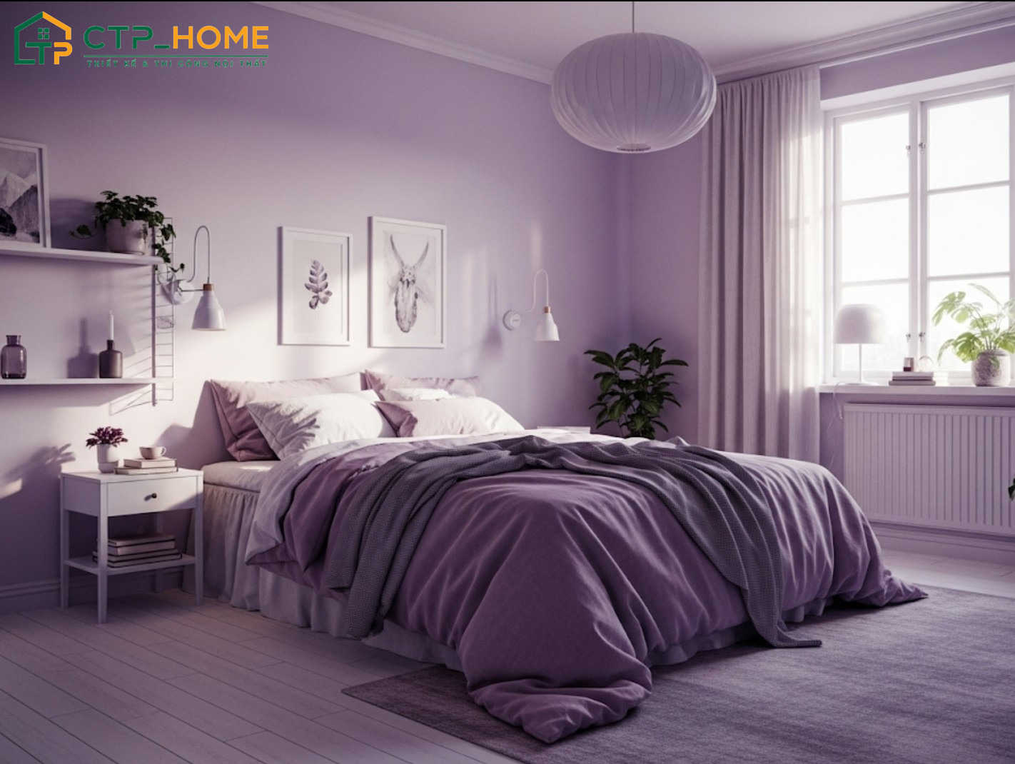 Bố trí cây xanh trong phòng ngủ tone màu tím sẽ giúp không gian trở nên hài hòa và gần gũi hơn với thiên nhiên