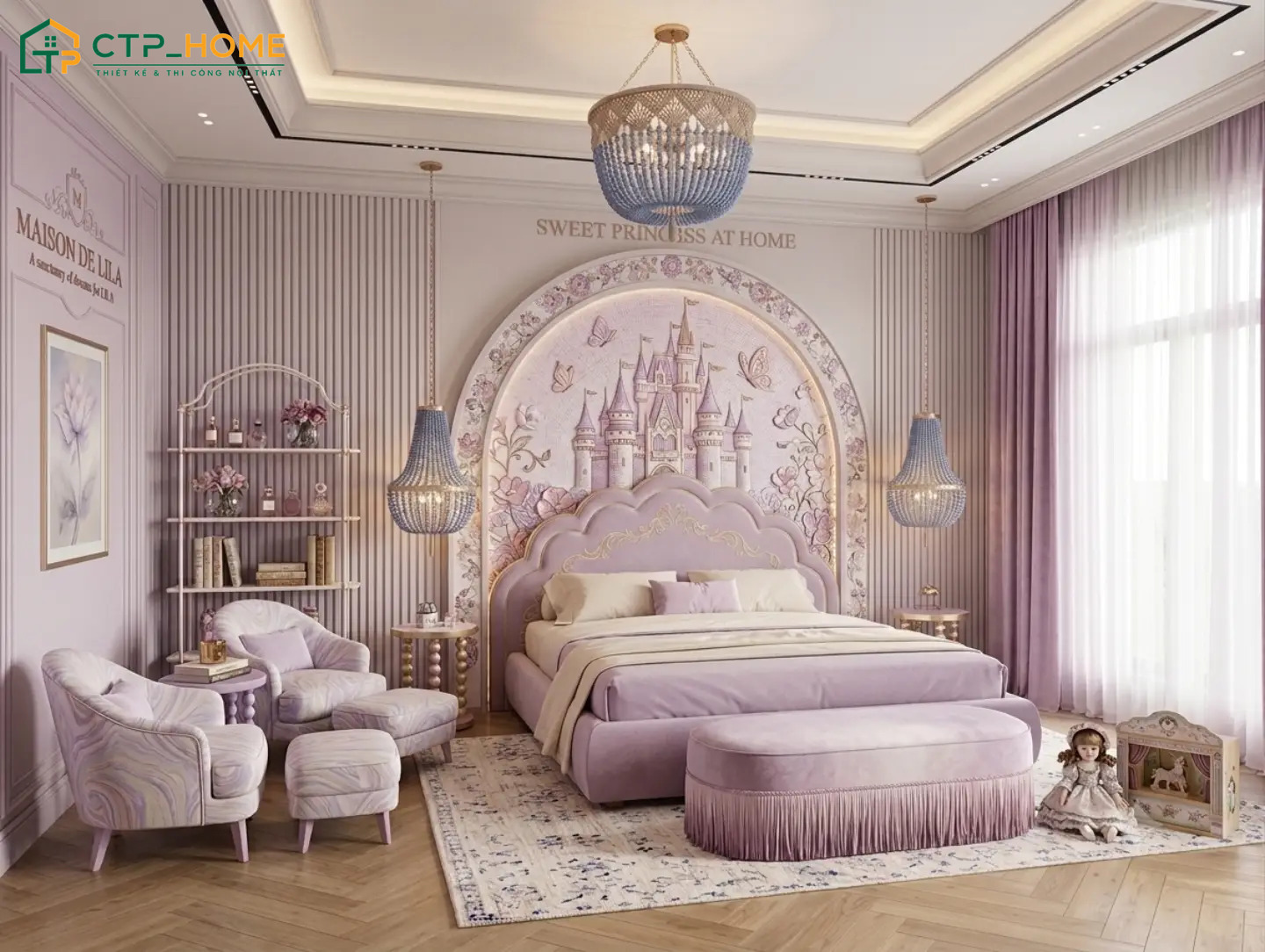 Mẫu phòng ngủ tone tím cho bé gái sử dụng nội thất nhỏ gọn nhưng vẫn đảm bảo đầy đủ công năng