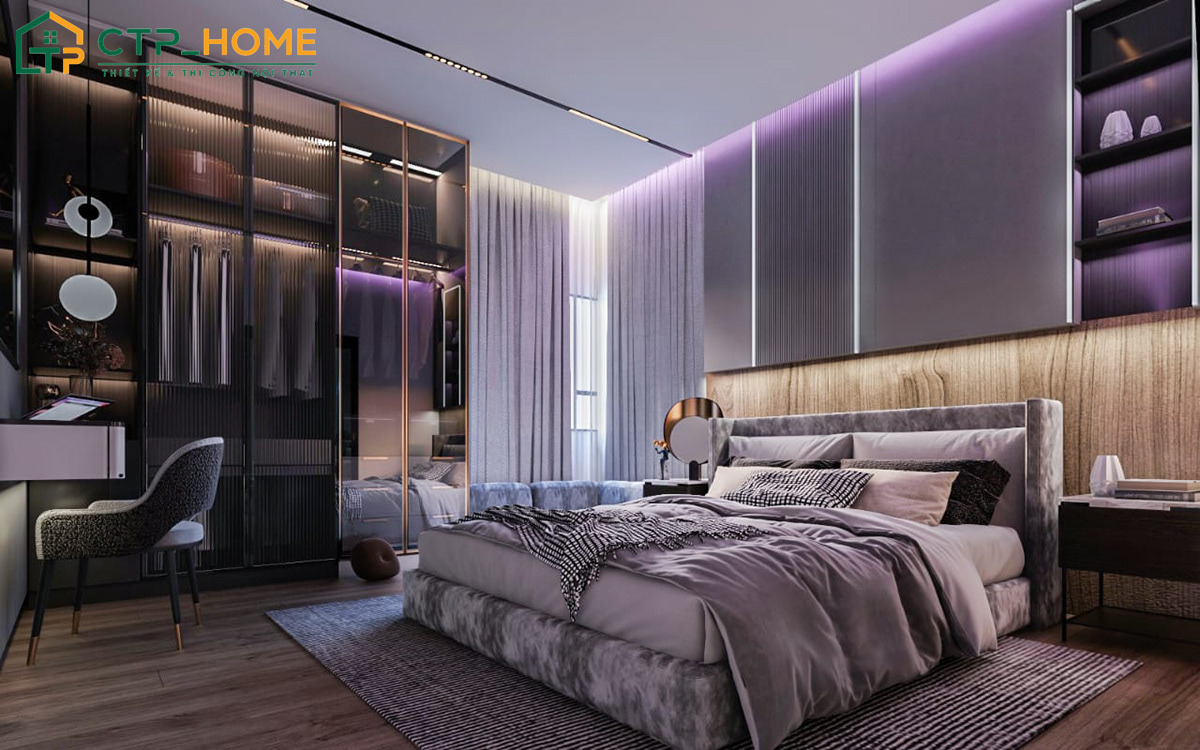 Ứng dụng đèn trang trí với ánh sáng dịu nhẹ sẽ giúp phòng ngủ đẹp màu tím nhạt trở nên ấm áp hơn
