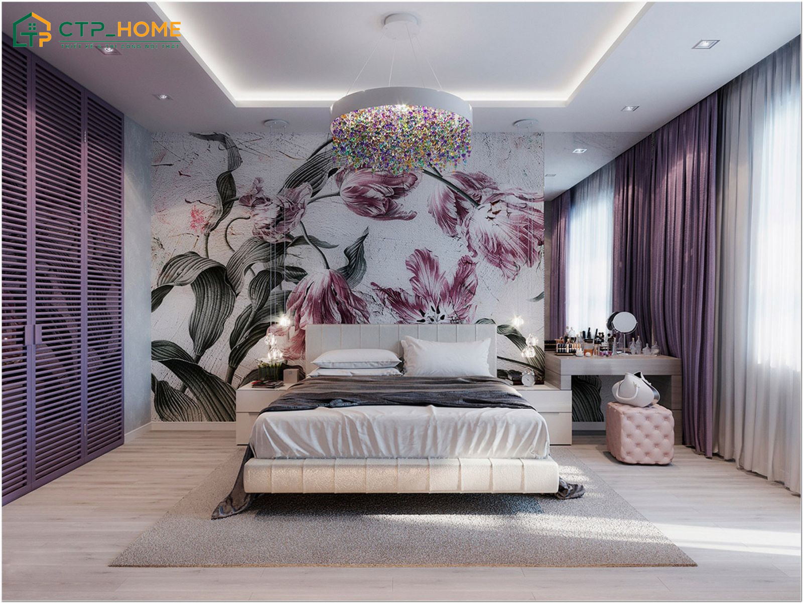 Mẫu phòng ngủ màu tím cho vợ chồng với cách phối màu hài hoà giúp tạo nên một không gian nghỉ ngơi lãng mạn