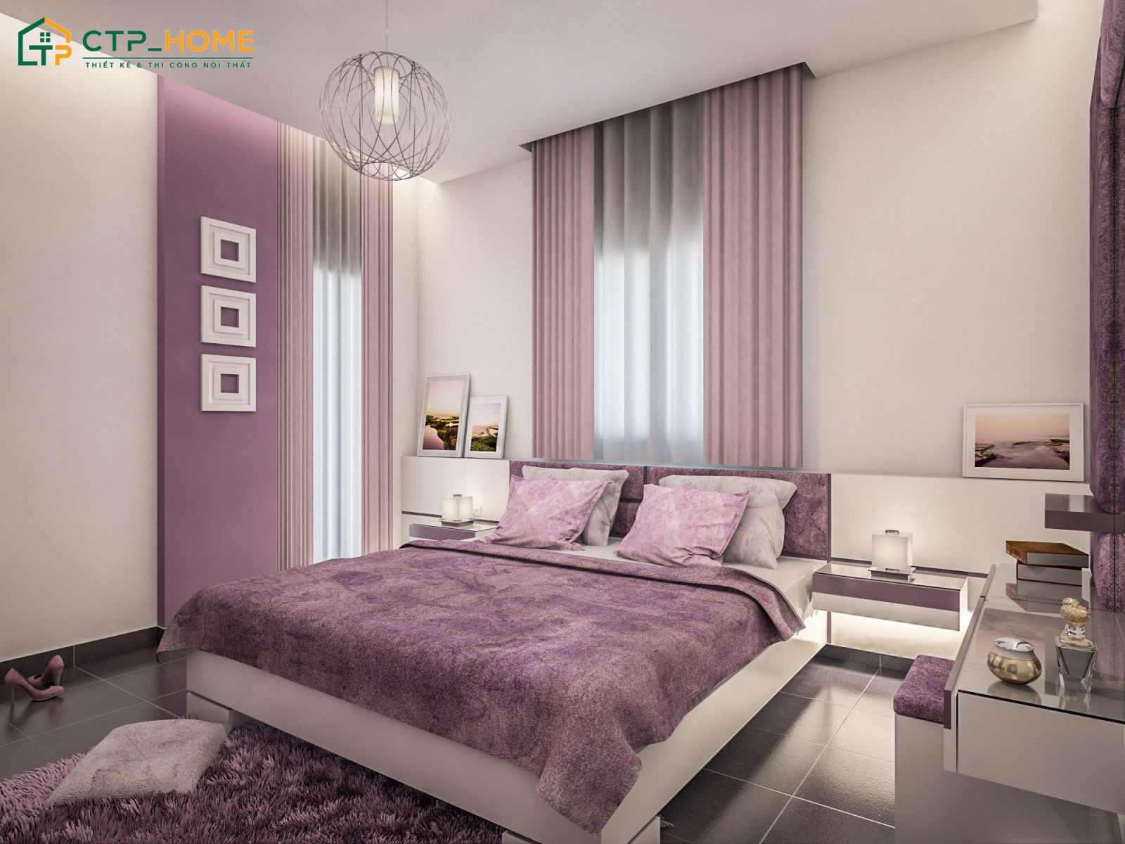 Sử dụng giường ngủ màu tím sẽ giúp tạo nên vẻ đẹp ấn tượng và quyễn rũ cho phòng ngủ vợ chồng