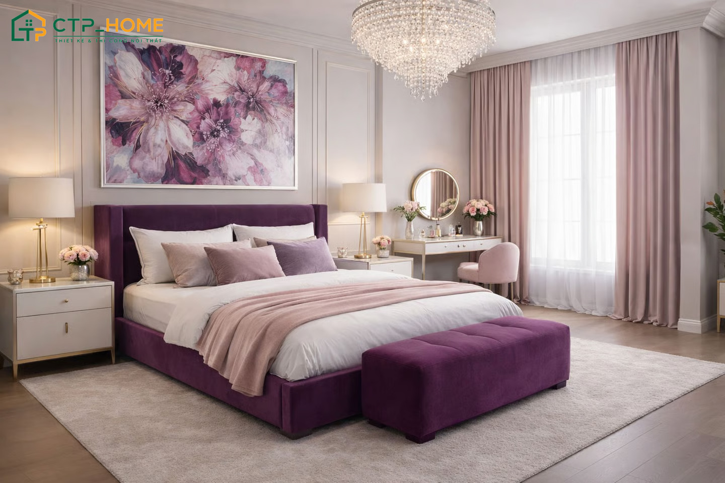Mẫu trang trí phòng ngủ màu tím nhạt hiện đại với cách bố trí khoa học sẽ tạo cảm giác thoải mái hơn
