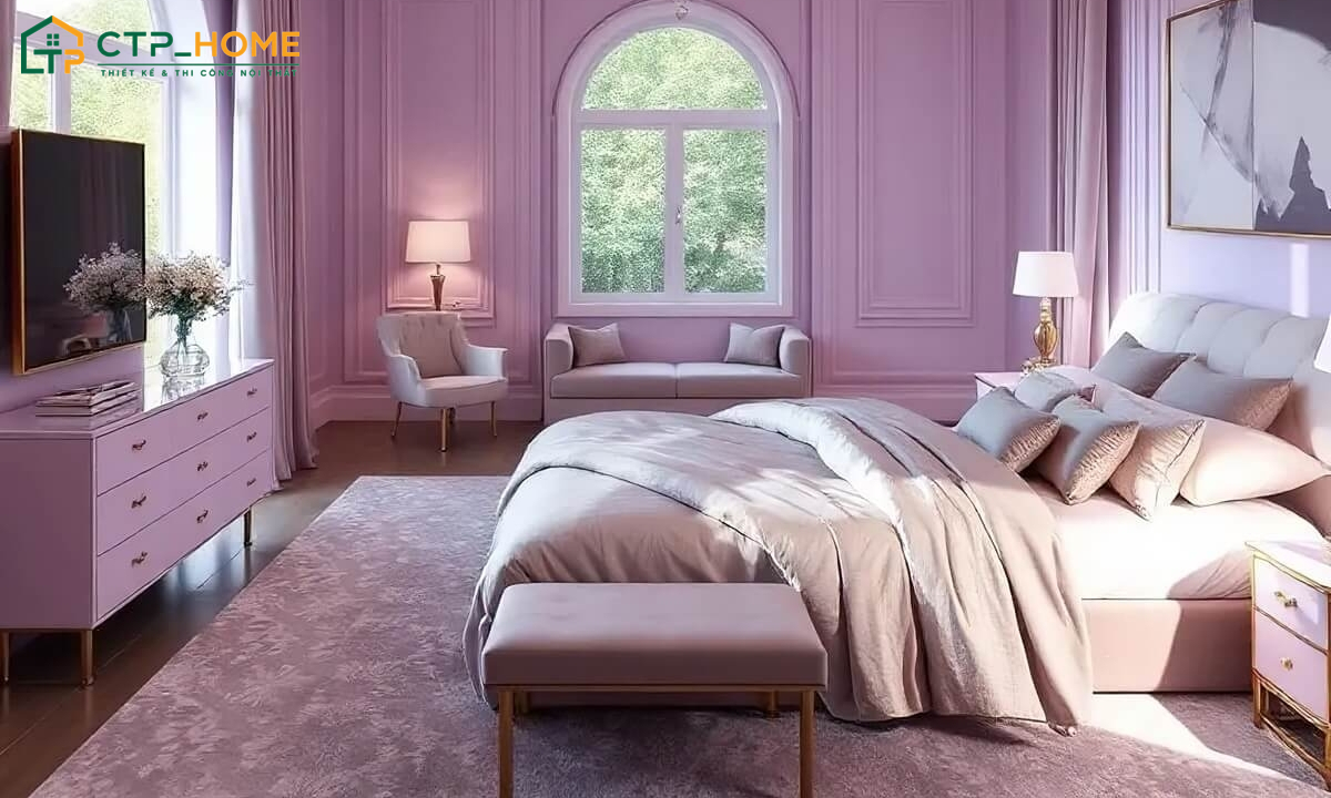 Gam màu tím nên được sử dụng vừa đủ để tạo điểm nhấn nhưng vẫn đảm bảo sự thông thoáng cho phòng ngủ
