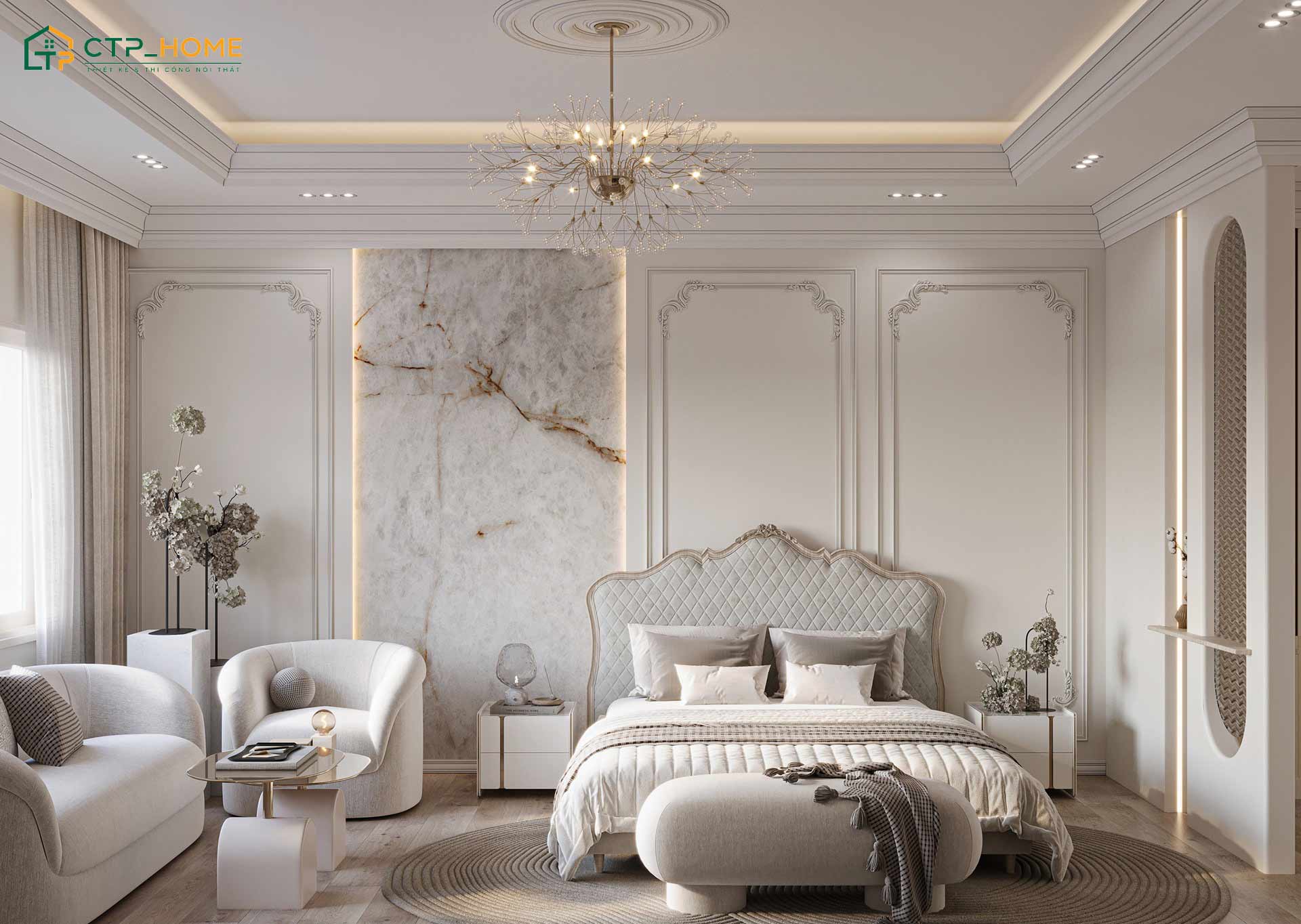 Mẫu phòng ngủ tone màu trắng tân cổ điển sẽ được thiết kế dựa trên sở thích của gia chủ