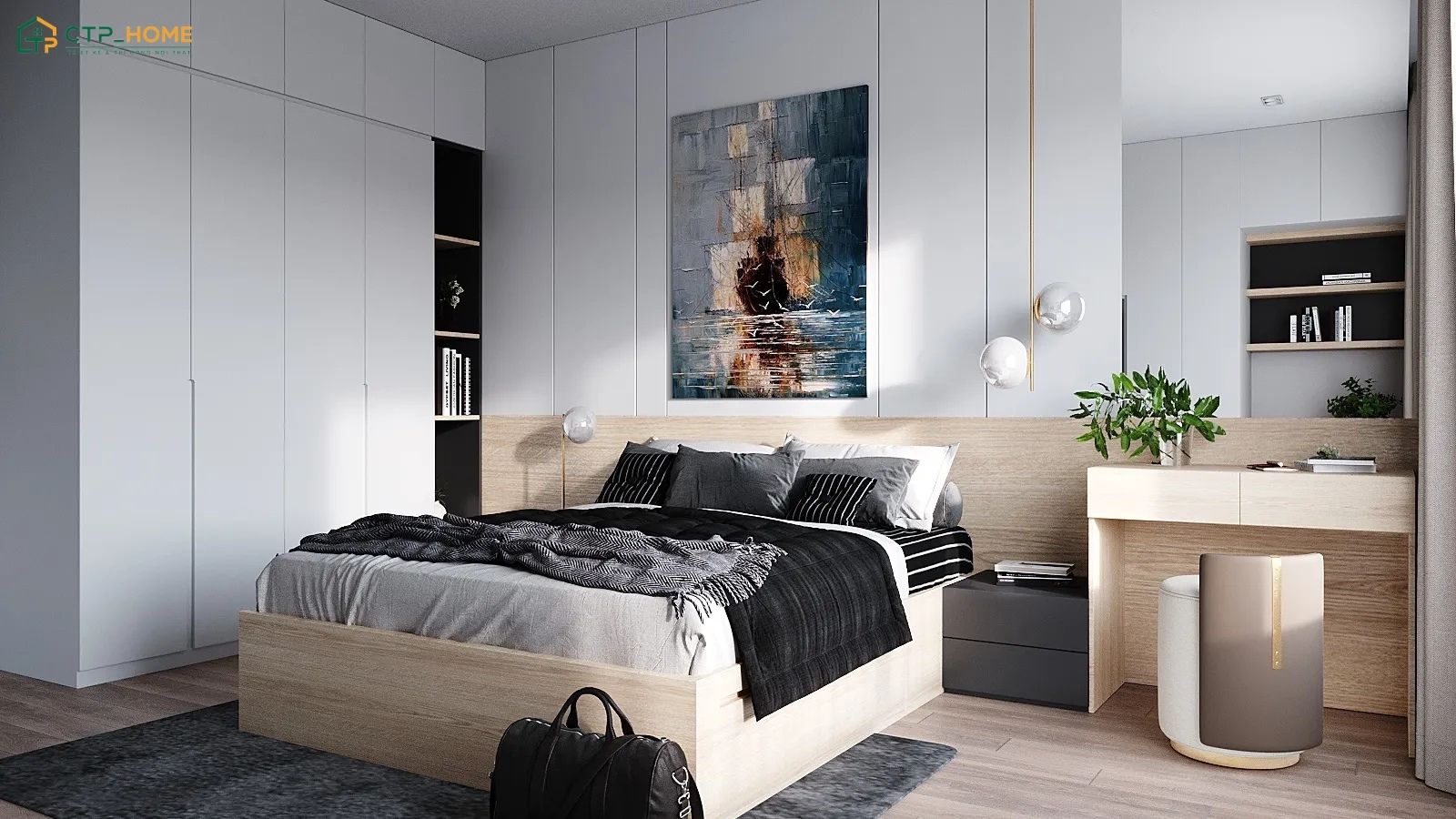 Mẫu trang trí phòng ngủ màu trắng hiện đại với ánh sáng vàng ấm giúp tạo điểm nhấn cho không gian