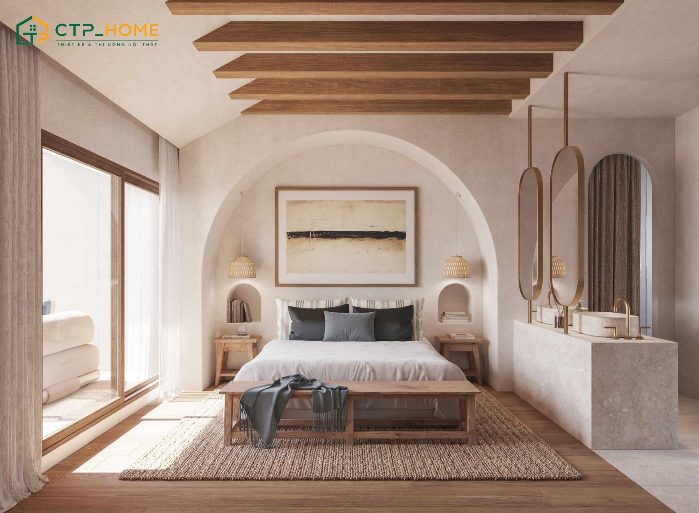 Mẫu phòng ngủ tone màu trắng Địa Trung Hải sẽ ưu tiên sử dụng nội thất gỗ và tận dụng ánh sáng tự nhiên