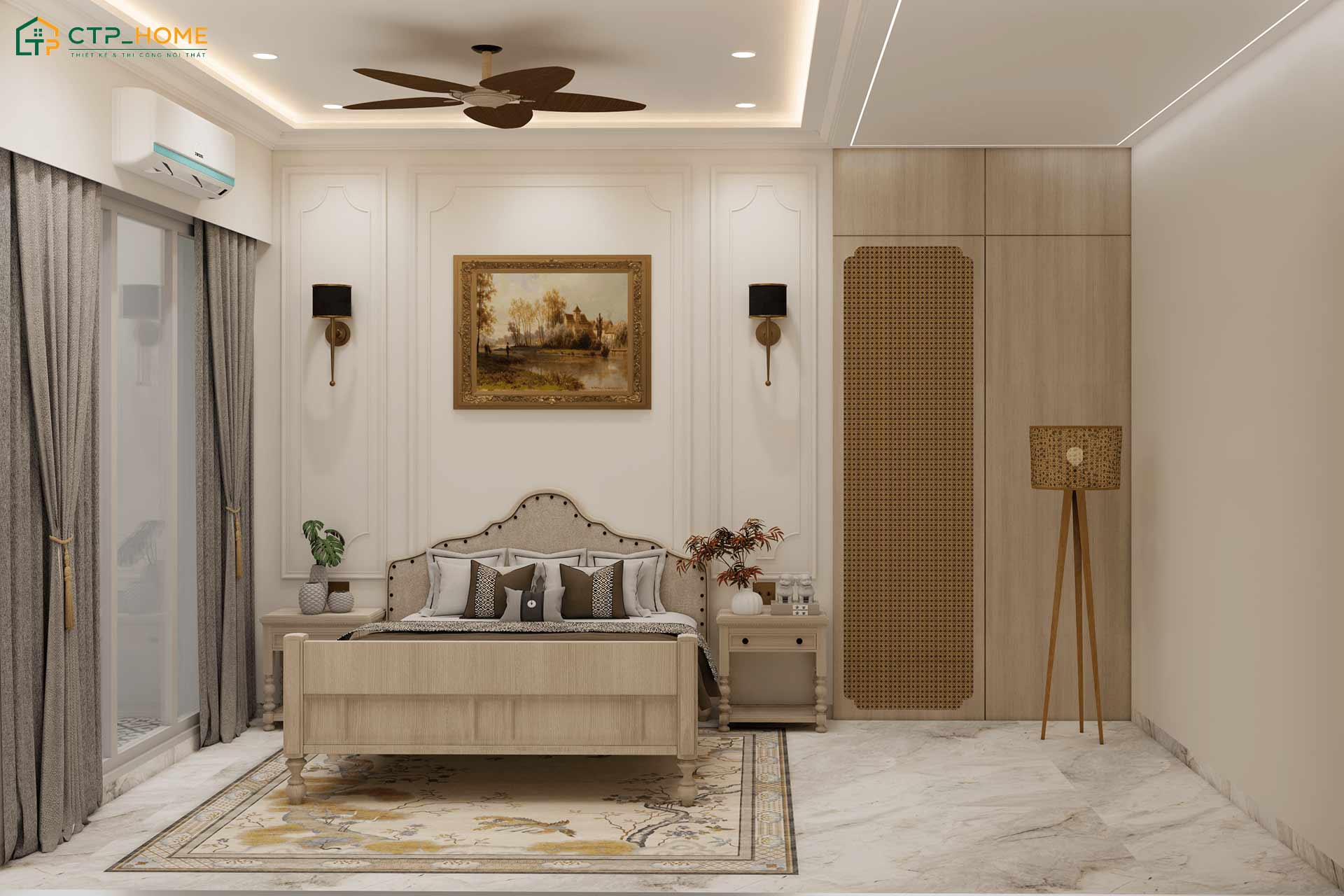 Mẫu phòng ngủ Vintage sẽ kết hợp màu trắng với nâu sáng để đảm bảo sự hài hòa cho không gian