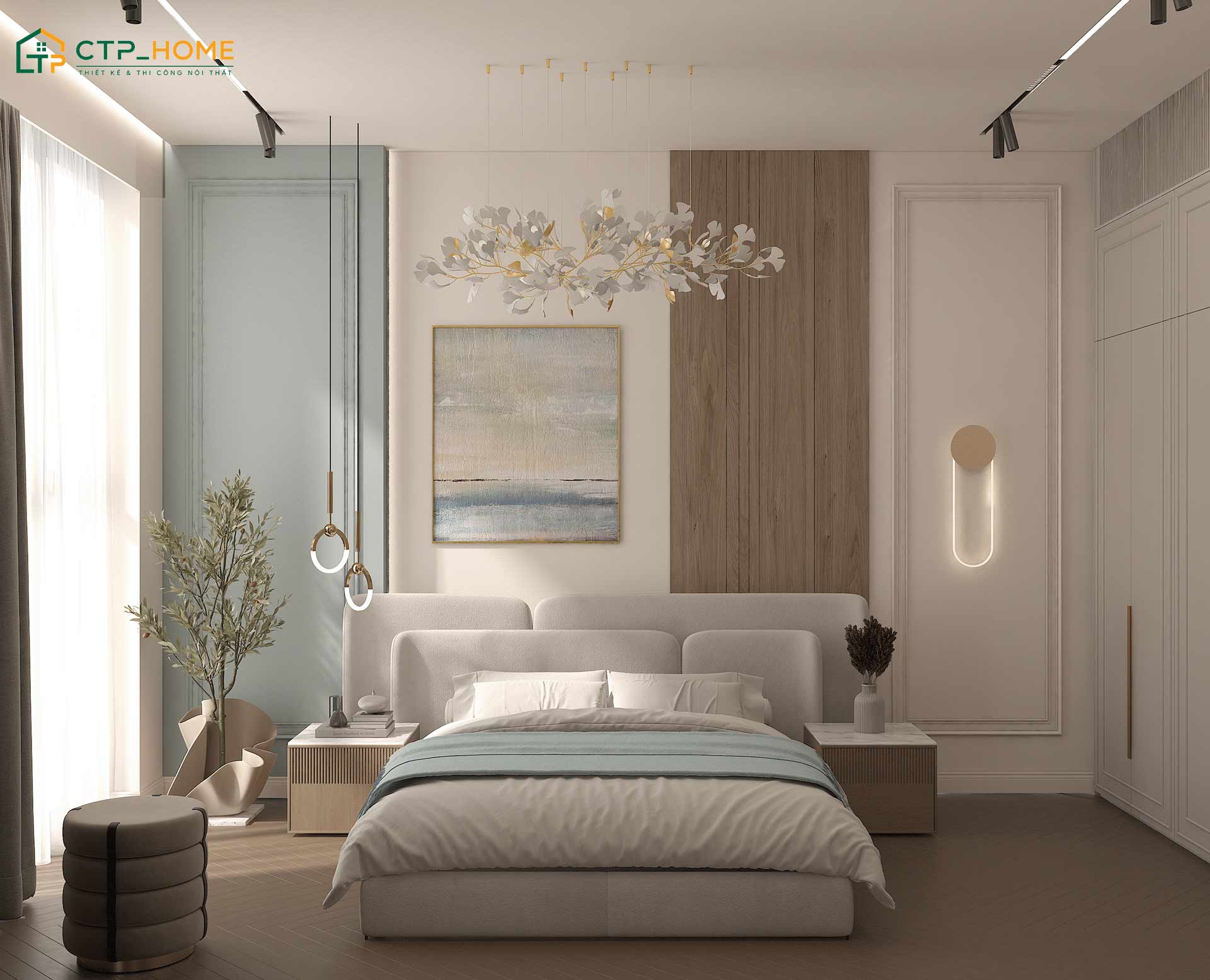 Mẫu phòng ngủ màu trắng kết hợp xanh lam nhạt sẽ giúp không gian trở nên sinh động hơn