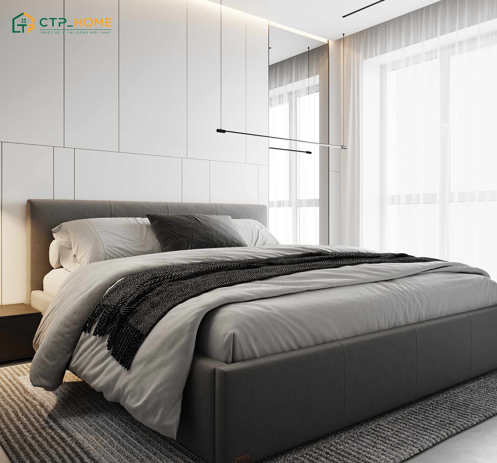 Mẫu thiết kế nội thất phòng ngủ tone trắng kết hợp xám sẽ giúp giảm độ chói và gia tăng tính thẩm mỹ