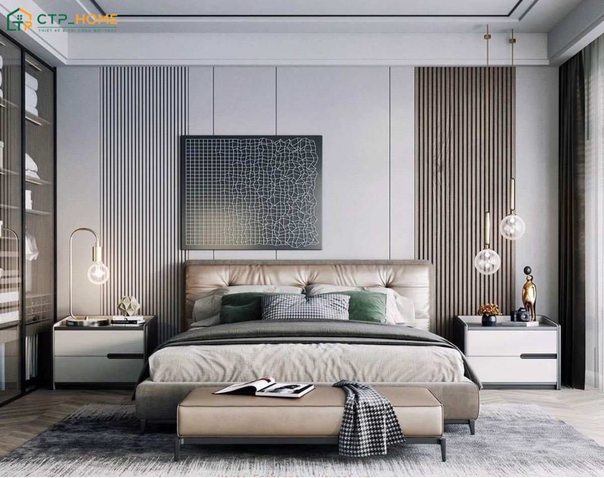 Gam màu trắng sẽ được kết hợp cùng màu xám nhạt để tạo điểm nhấn nhẹ nhàng cho phòng ngủ