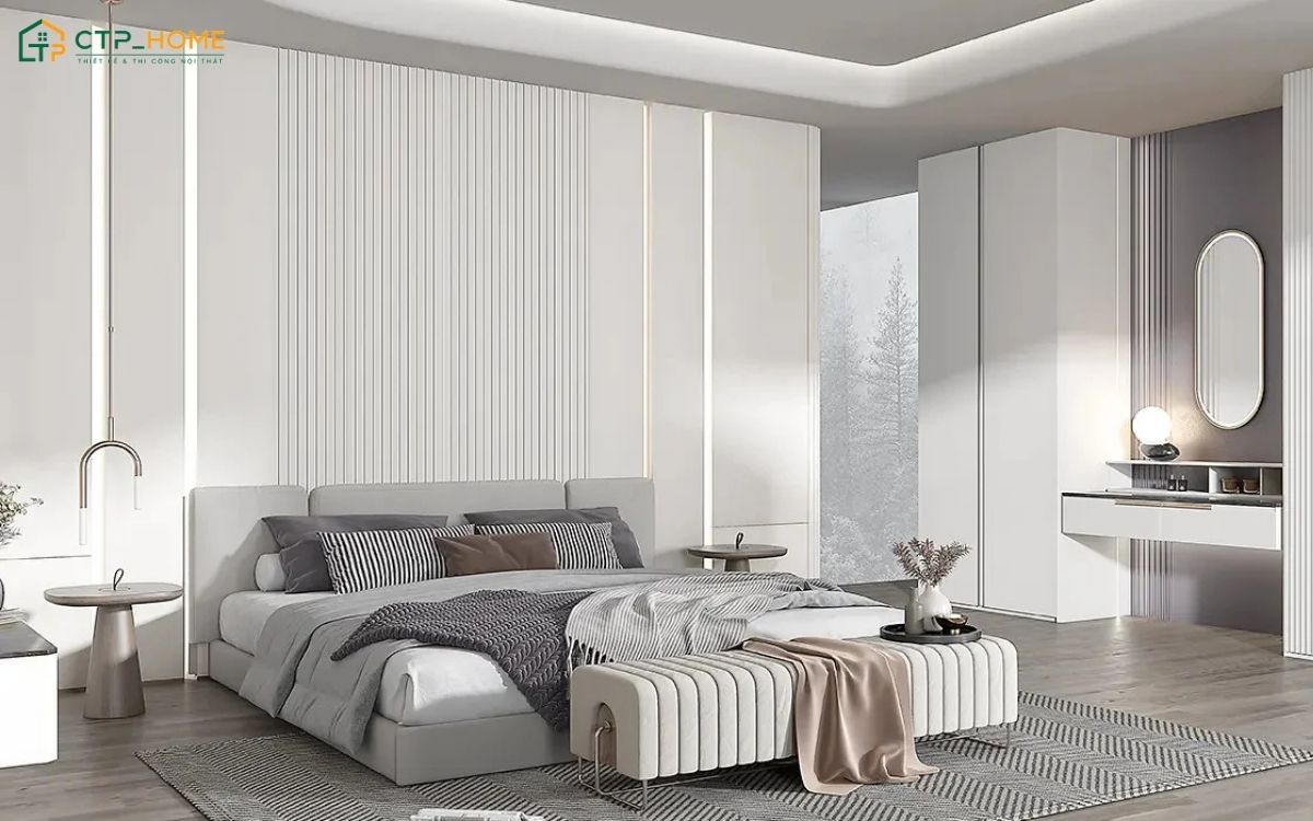 Mẫu phòng ngủ màu trắng sẽ sử dụng đồ decor màu xám để tạo chiều sâu và giảm bớt sự trống trải