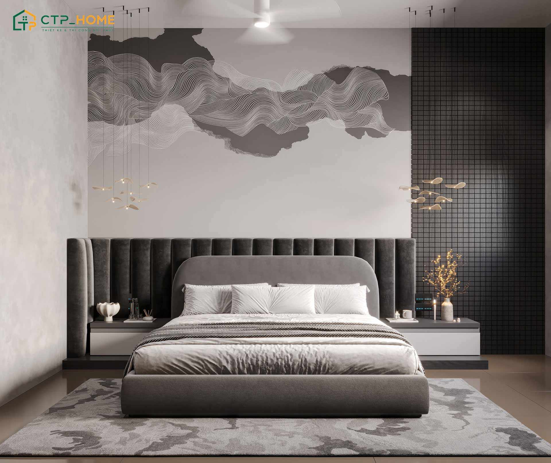 Mẫu phòng ngủ màu trắng đen sẽ kết hợp với các họa tiết mềm mại để không gian trở nên hài hòa hơn