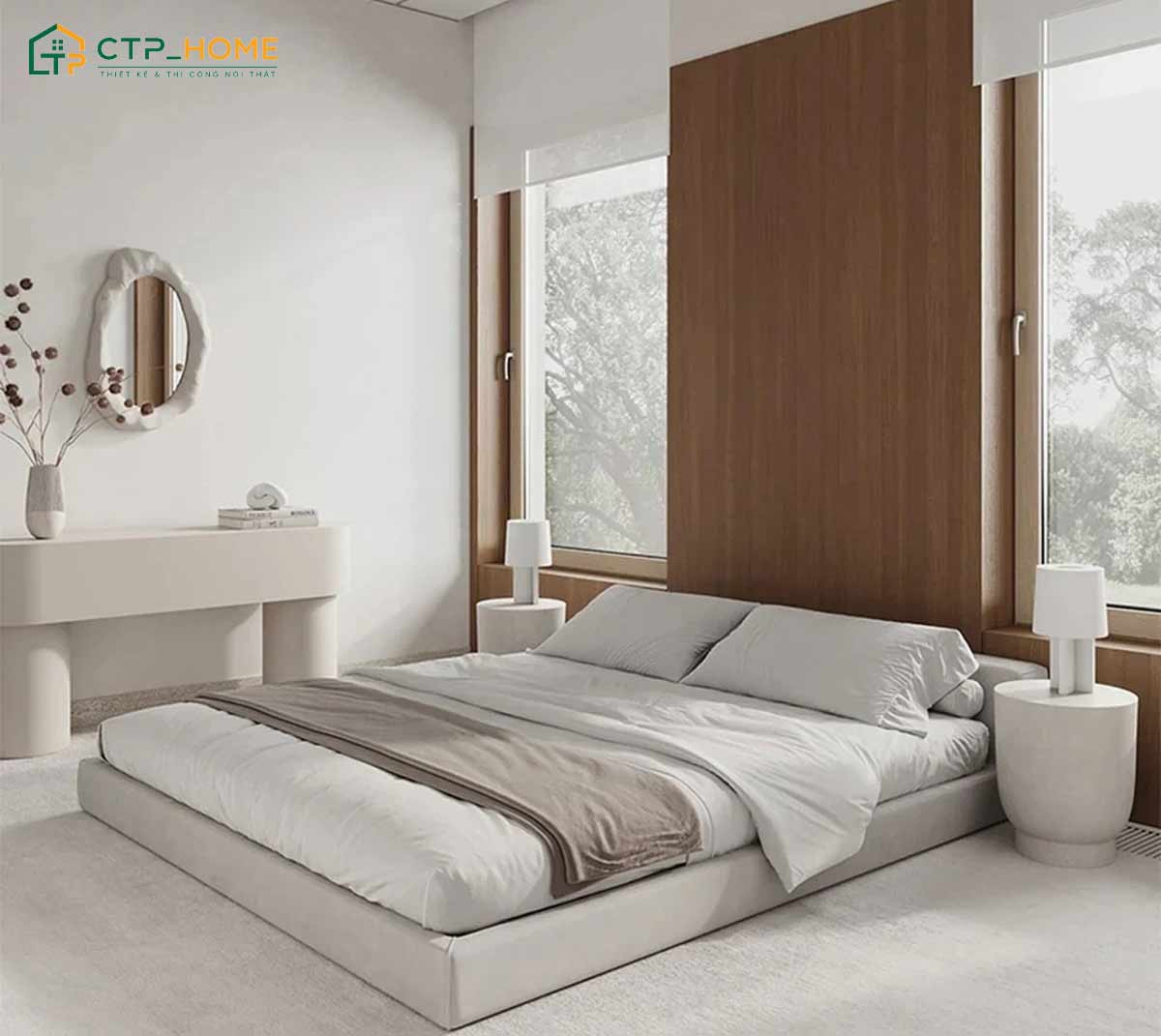 Mẫu phòng ngủ tone trắng sử dụng vách gỗ màu nâu trầm ấm để giúp giảm bớt sự đơn điệu