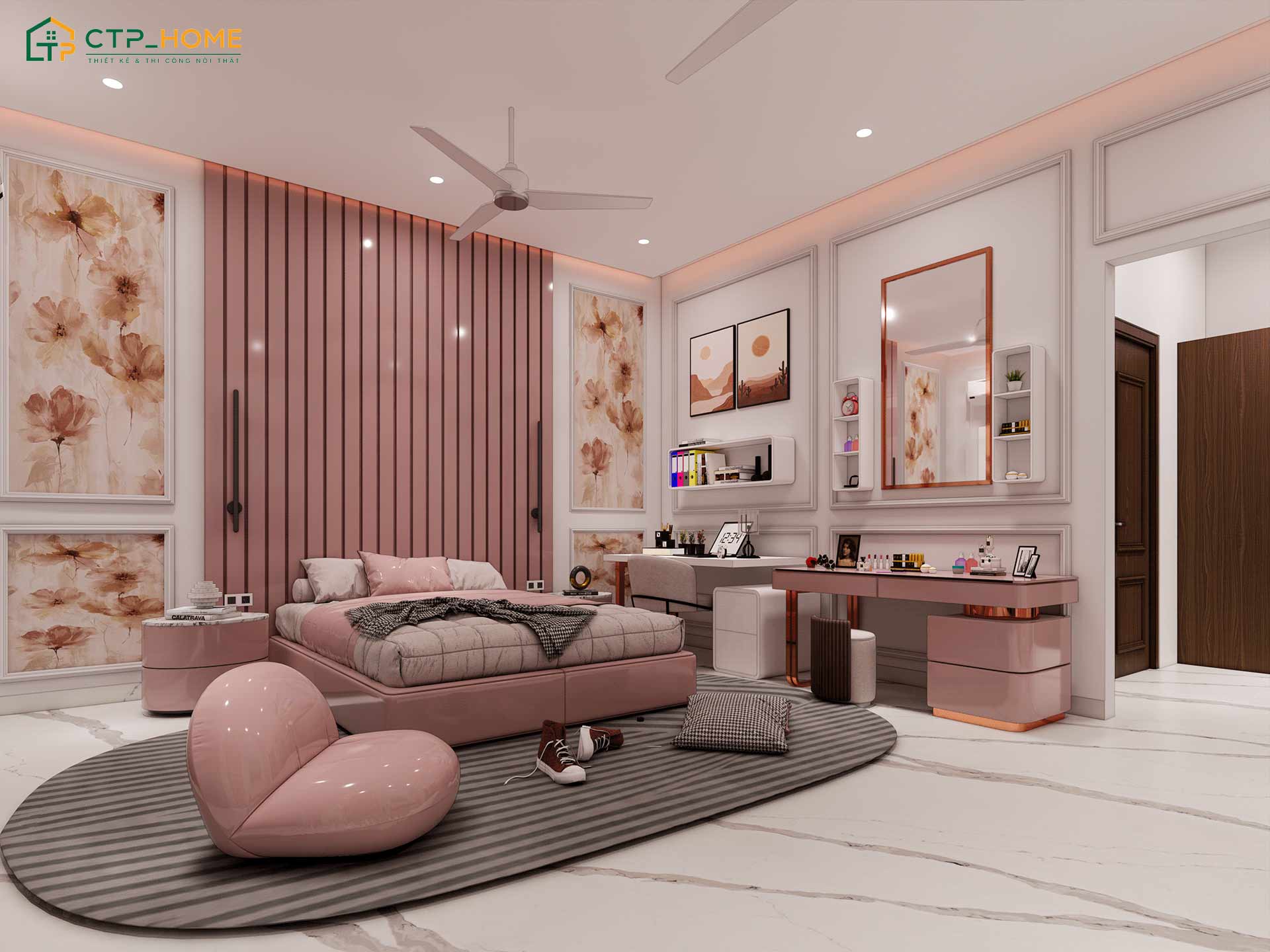 Mẫu thiết kế nội thất phòng ngủ màu trắng hồng sẽ đem lại vẻ đẹp nhẹ nhàng và lãng mạn