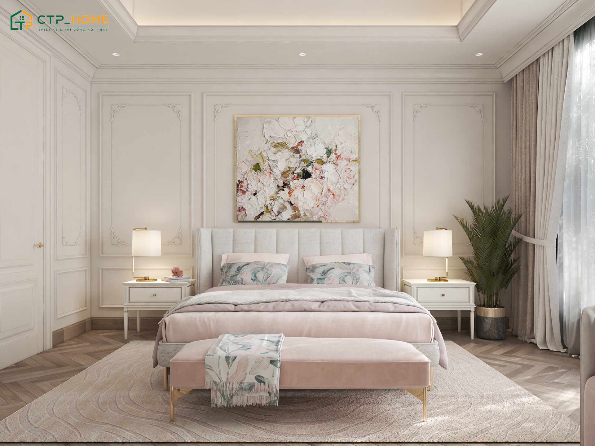 Mẫu phòng ngủ với gam màu trắng hồng chủ đạo sẽ kết hợp cùng họa tiết hoa lá để tạo điểm nhấn