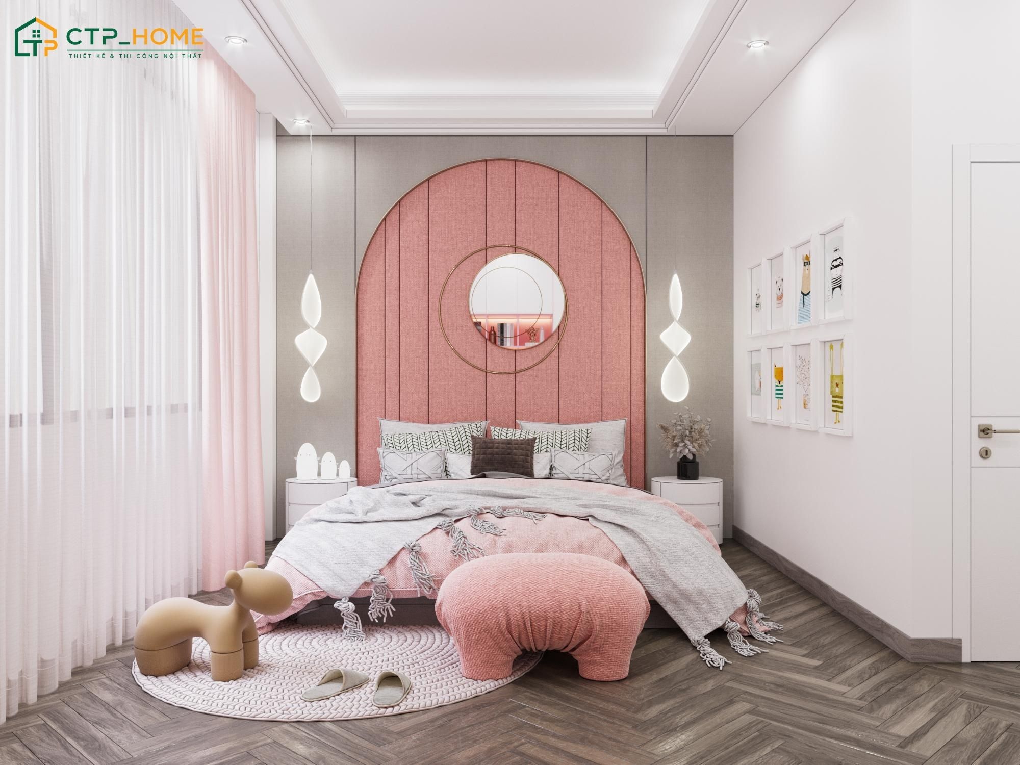 Mẫu phòng ngủ trắng hồng với vẻ đẹp nhẹ nhàng và đáng yêu nên sẽ phù hợp với những gia đình có trẻ nhỏ