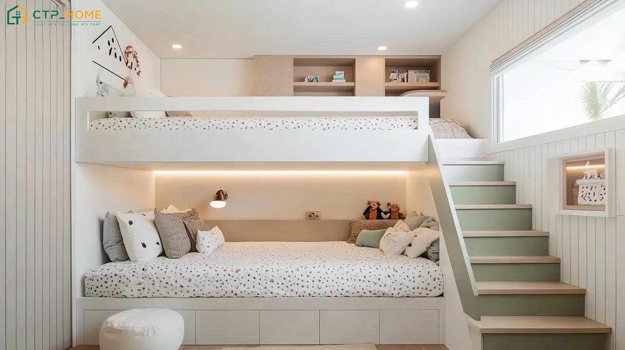 Mẫu decor phòng ngủ tone trắng kết hợp cùng giường tầng rộng rãi giúp đảm bảo sự gọn gàng