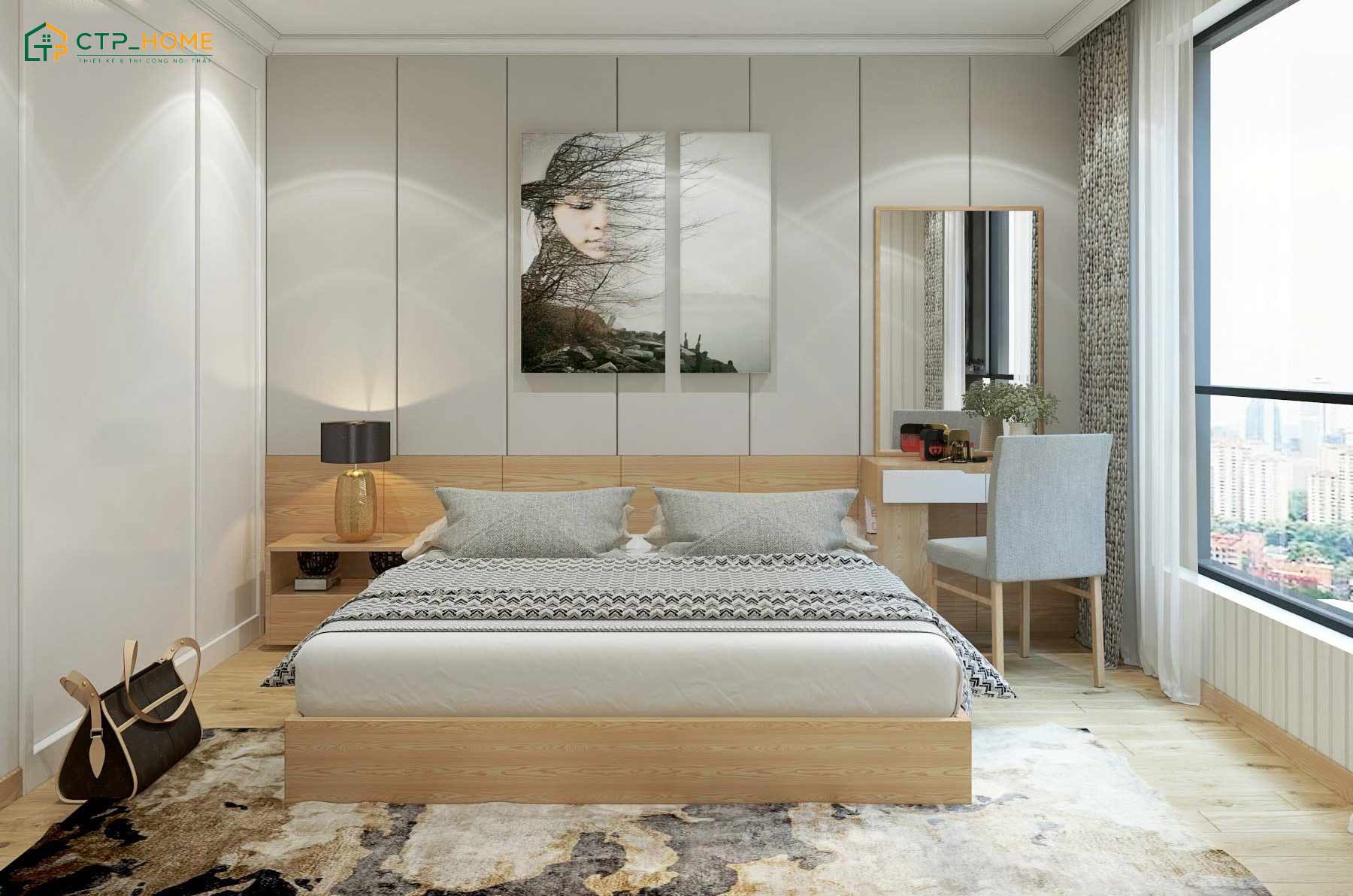 Mẫu decor phòng ngủ màu trắng sữa sẽ sử dụng gỗ công nghiệp cho sàn, giường, tủ, bàn, ghế