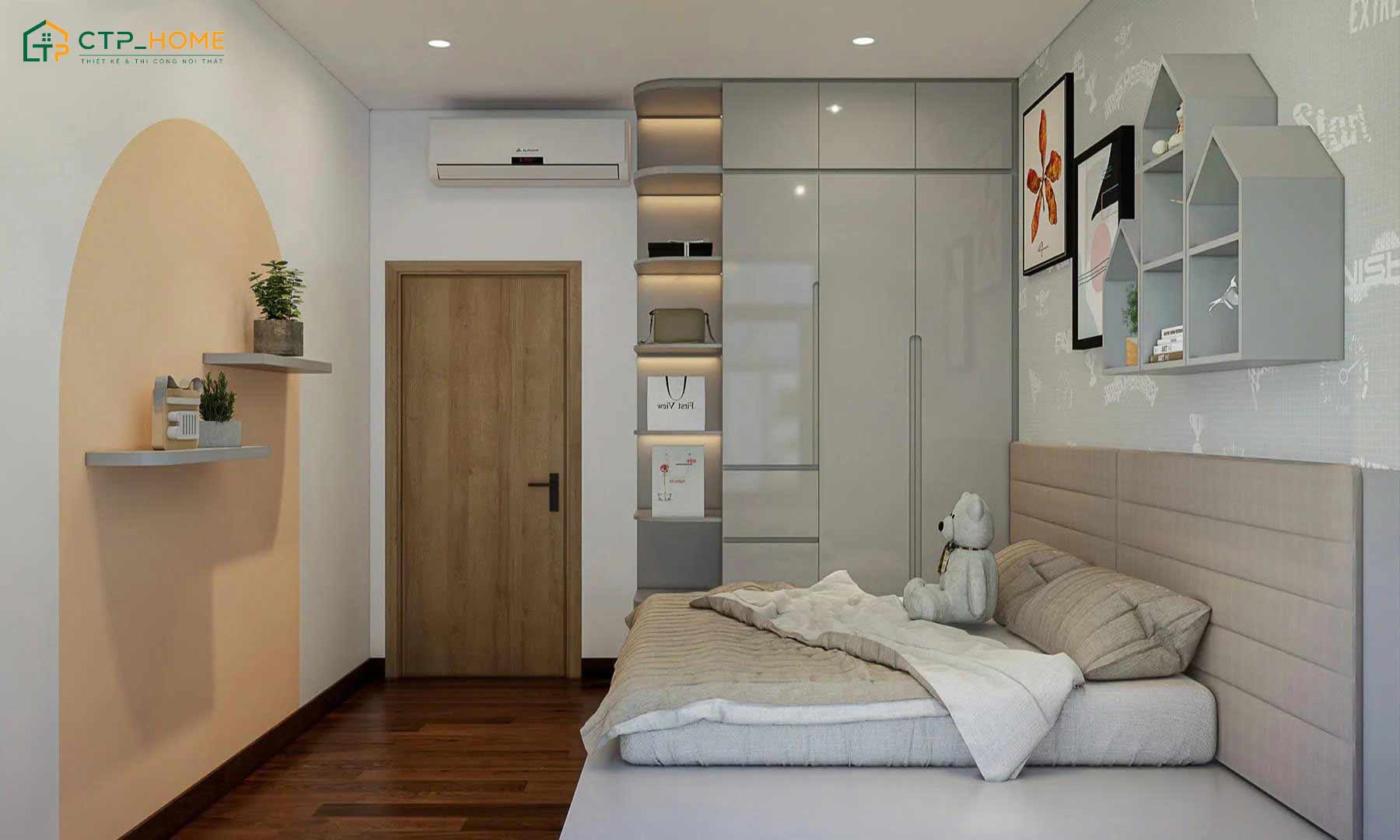 Mẫu phòng ngủ tone màu trắng với nội thất gỗ công nghiệp phủ Acrylic bóng gương có độ bền cao