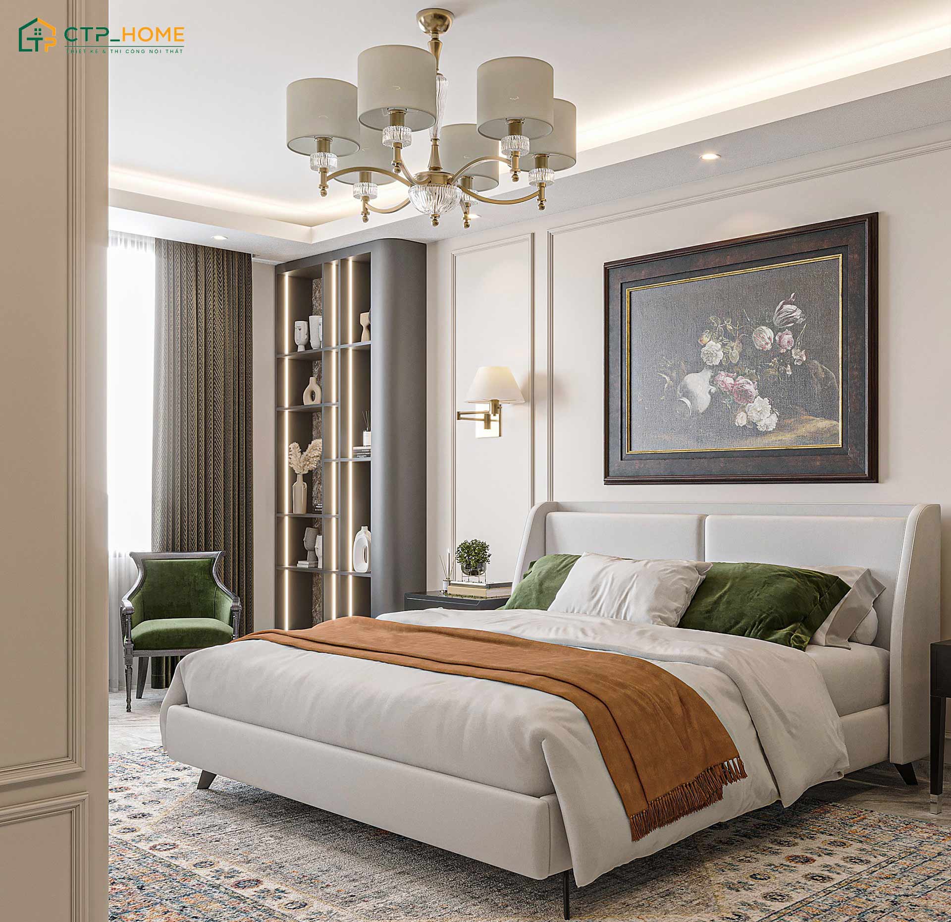 Mẫu decor phòng ngủ tone trắng kết hợp với các tone màu nổi giúp tạo điểm nhấn cho toàn bộ không gian