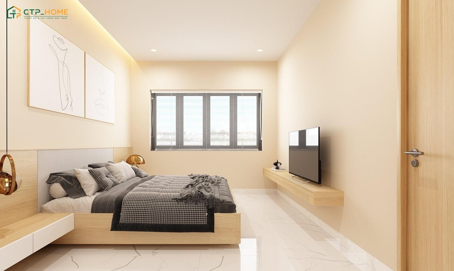 Mẫu phòng ngủ màu vàng nhạt gây ấn tượng với giường hình gấu, đèn mây treo và hệ tủ sáng màu