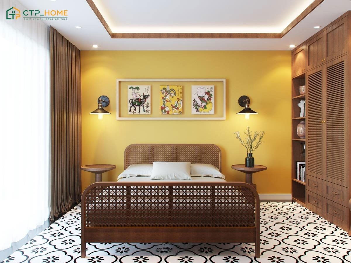 Mẫu phòng ngủ tone vàng nâu ấm áp thường kết hợp cùng giường mây tre và gạch bông hoài cổ