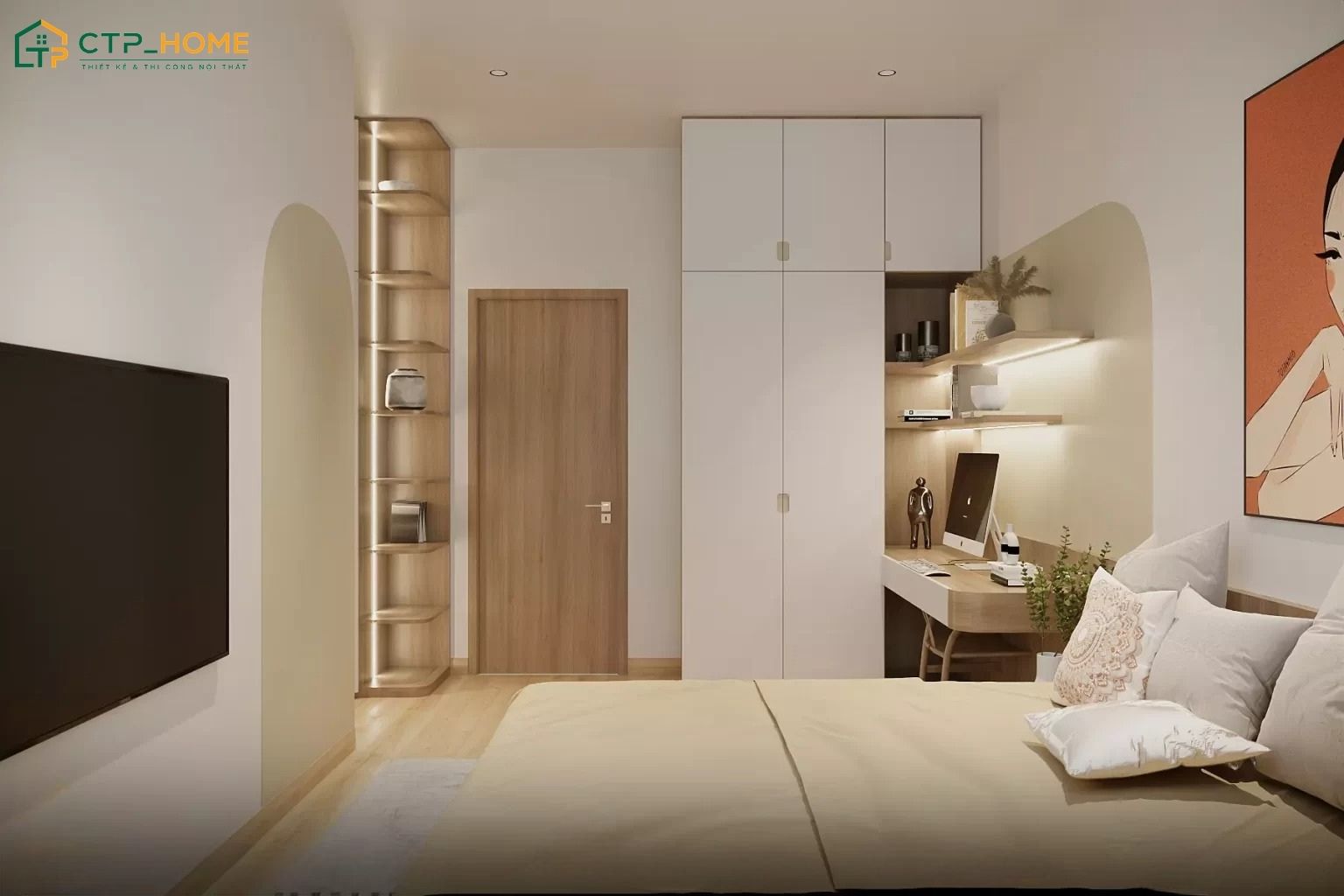 Mẫu phòng ngủ màu nâu với giường gỗ và cây xanh giúp tạo cảm giác gần gũi hơn với thiên nhiên