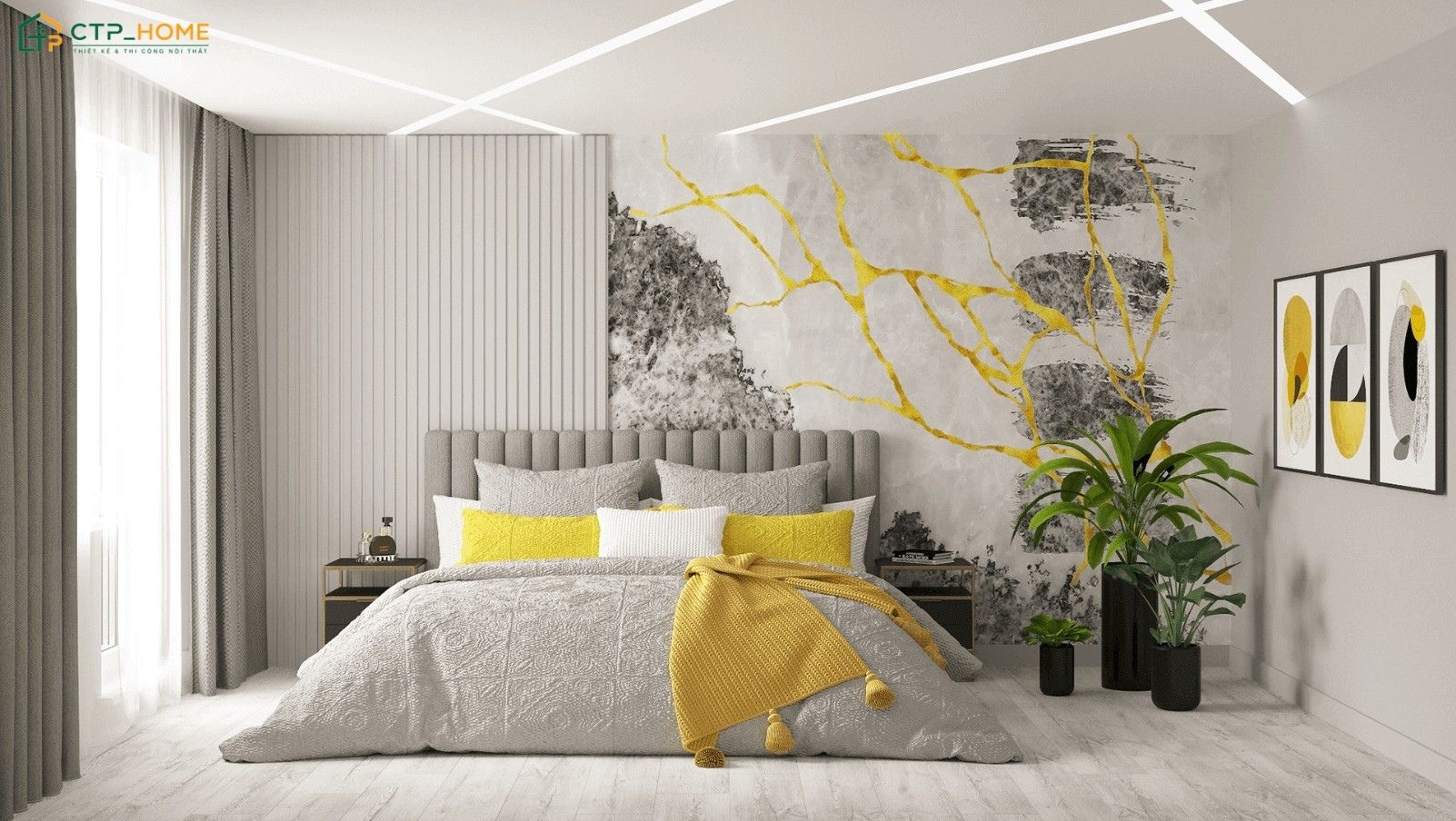Mẫu phòng ngủ vàng xám hiện đại gây ấn tượng với bức tường vân đá ánh vàng nghệ thuật