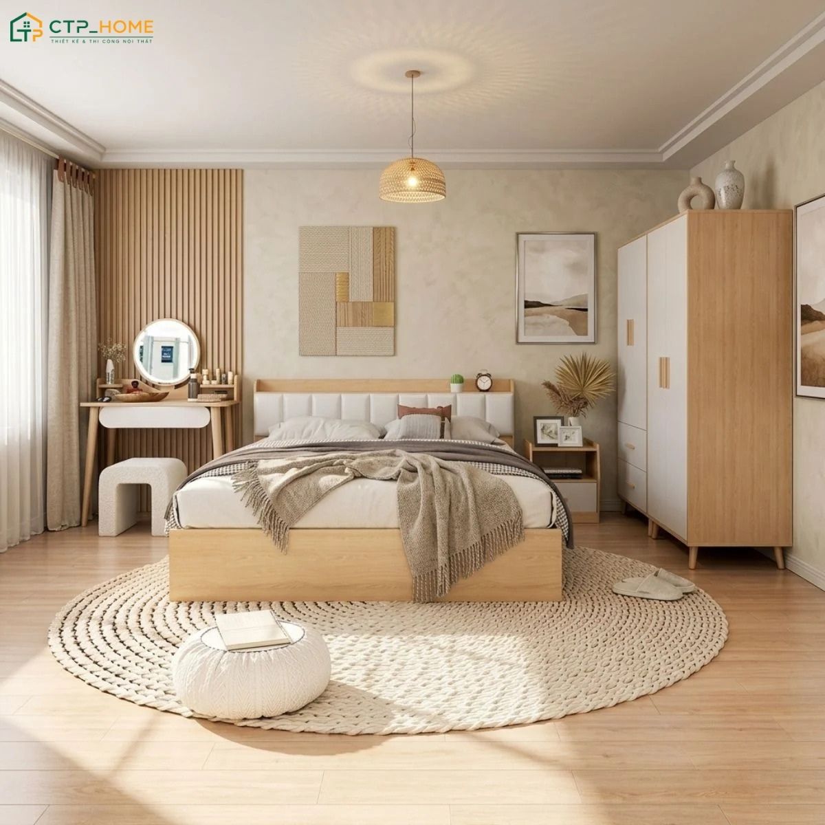 Mẫu dự án thiết kế phòng ngủ màu vàng be kết hợp giường gỗ và các món đồ decor màu nâu