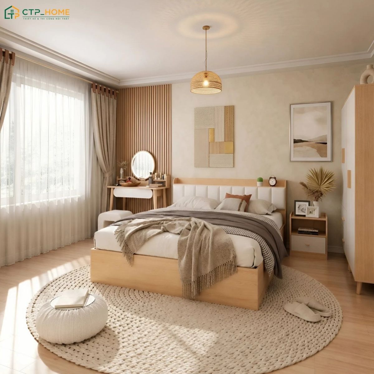 Bố trí giường ngủ và bàn trang điểm gọn gàng giúp tạo sự thoải mái trong quá trình sử dụng
