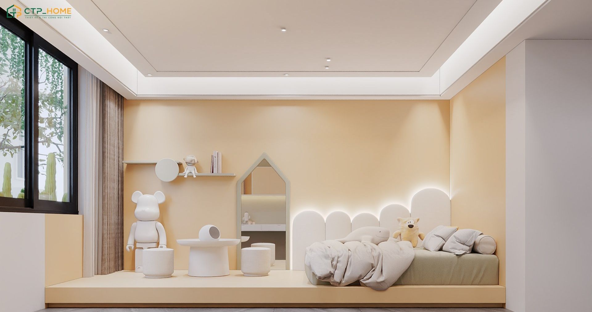 Mẫu phòng ngủ màu vàng Pastel đáng yêu với giường bục đèn LED và gấu Kaws cỡ lớn