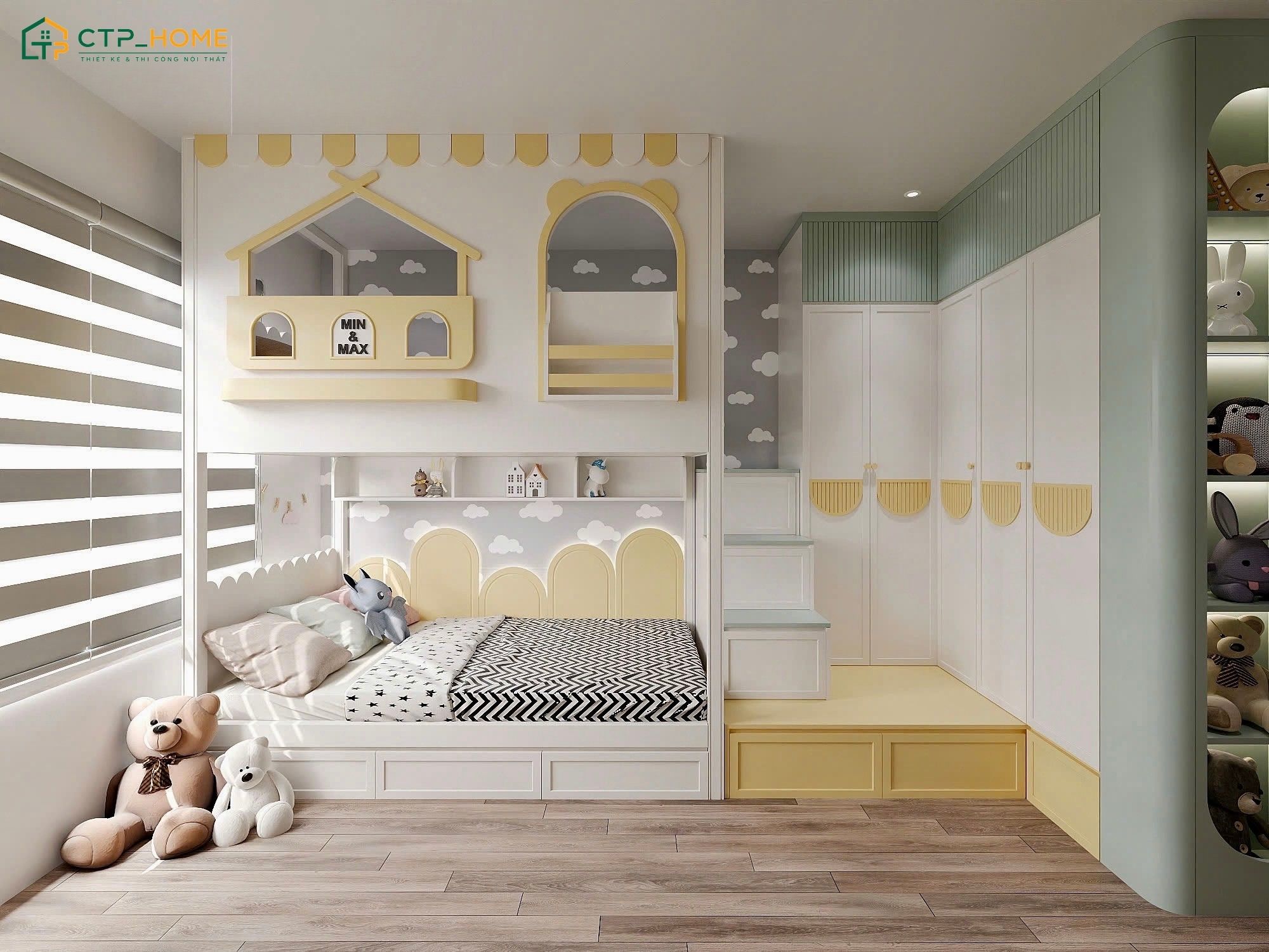 Mẫu phòng ngủ màu vàng kem với sự kết hợp hài hòa giữa giường ngủ xám và rèm cửa màu nâu