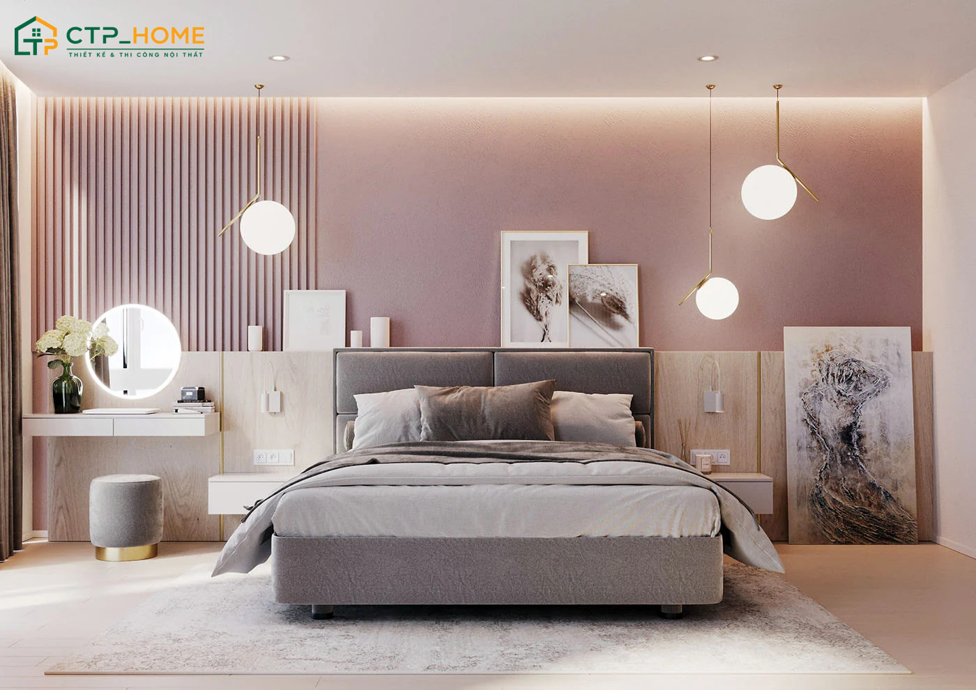 Việc kết hợp thêm chi tiết màu hồng sẽ đem đến vẻ đẹp trẻ trung và lãng mạn cho phòng ngủ màu xám