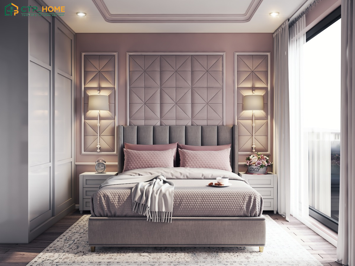 Mẫu decor phòng ngủ tone xám hồng sẽ phù hợp với những người yêu thích vẻ đẹp dịu dàng và có phần nữ tính